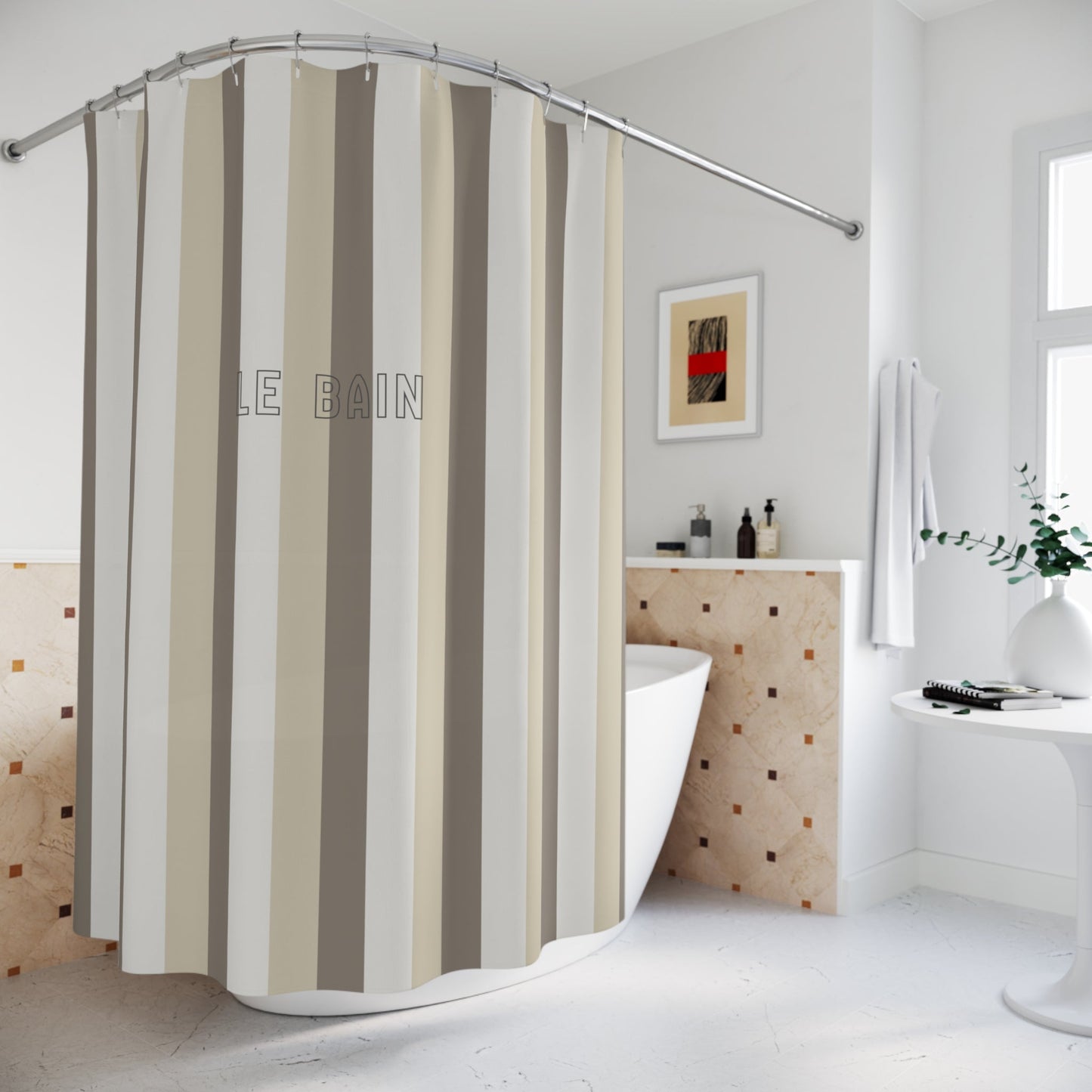 Striped 'Le Bain' Shower Curtain — Neutral Beige & Taupe Modern Bathroom Decor