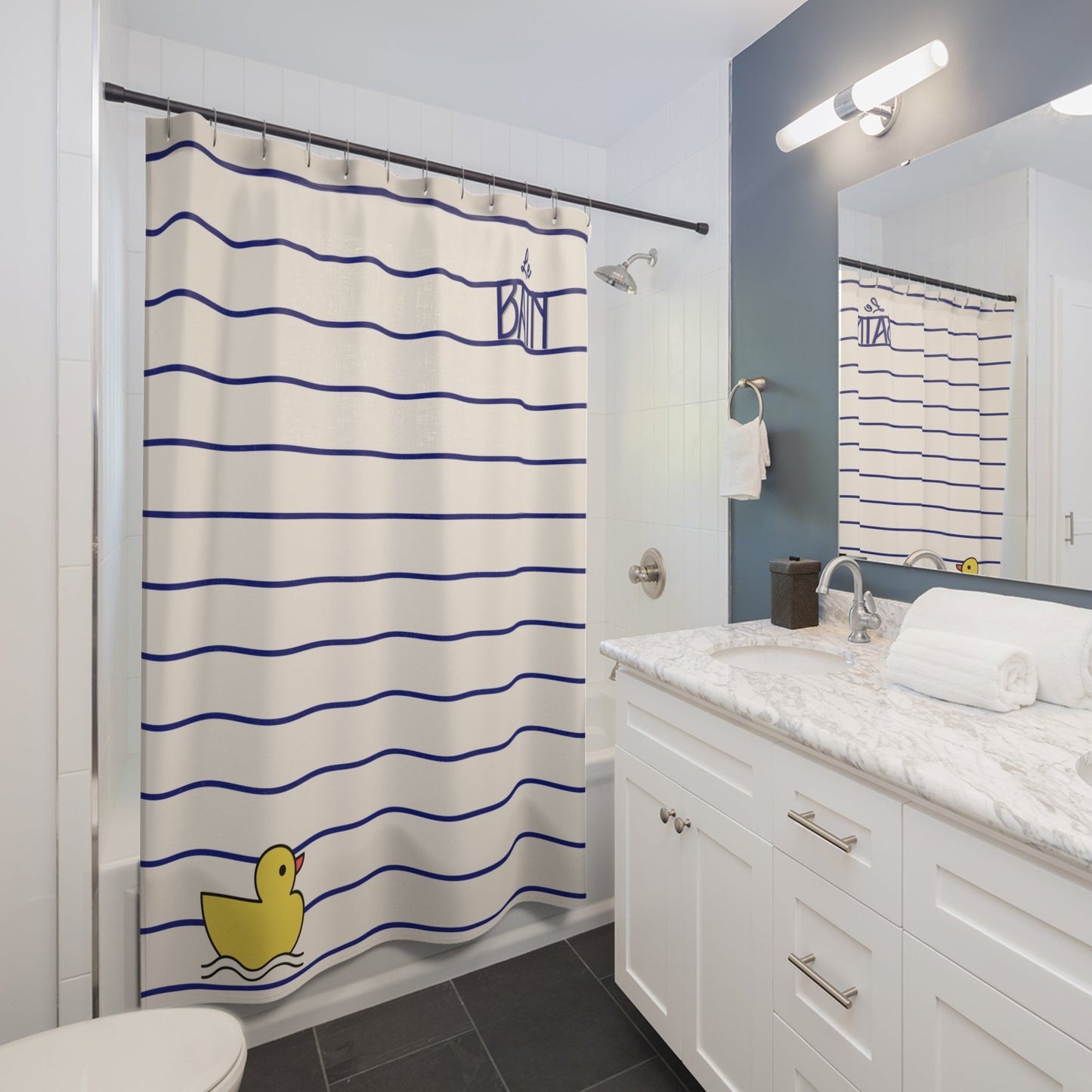 Rubber Duck Striped Shower Curtain — 'Le Bain' Kid's Bathroom Decor