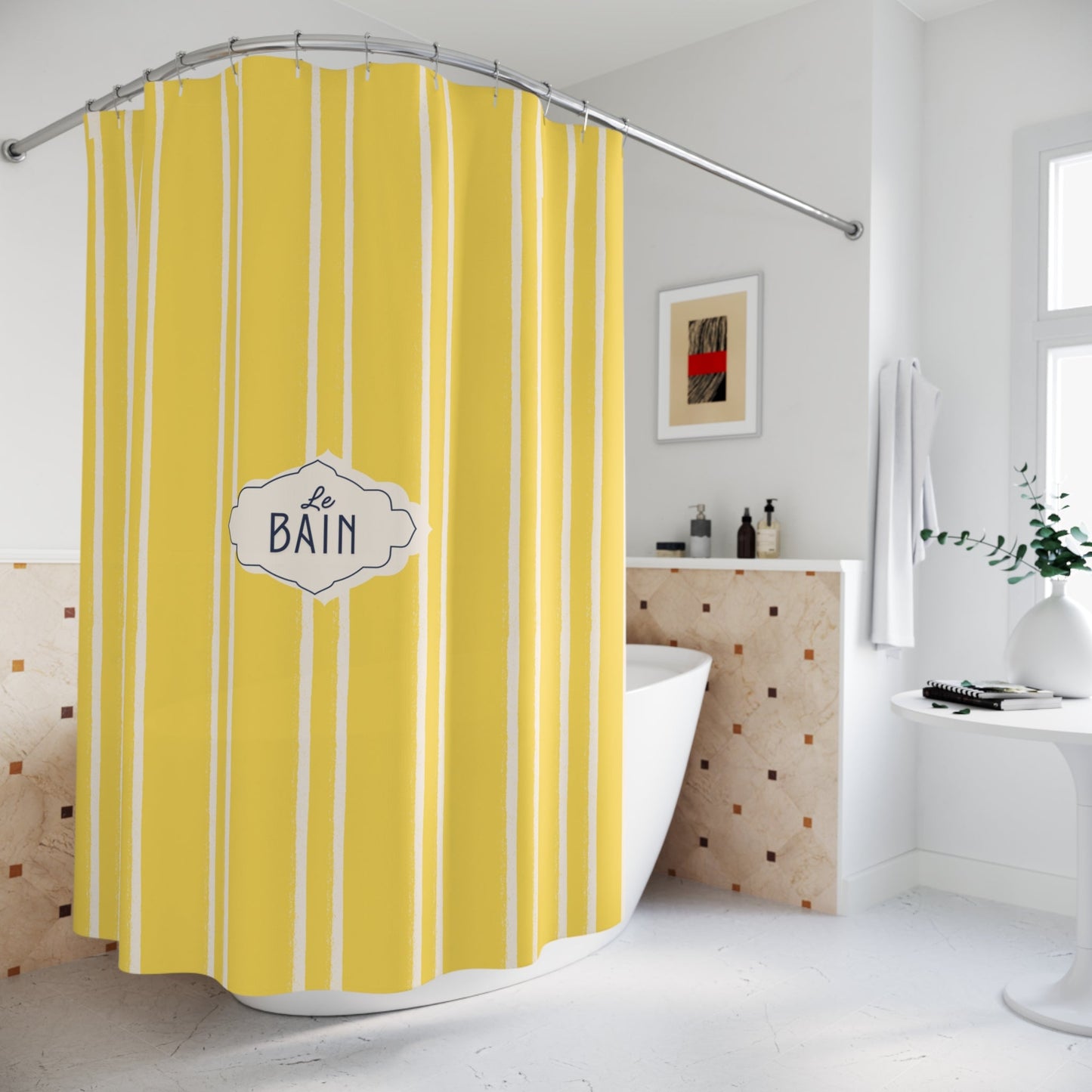 Shower Curtain — Yellow Striped French 'Le Bain' Bathroom Decor