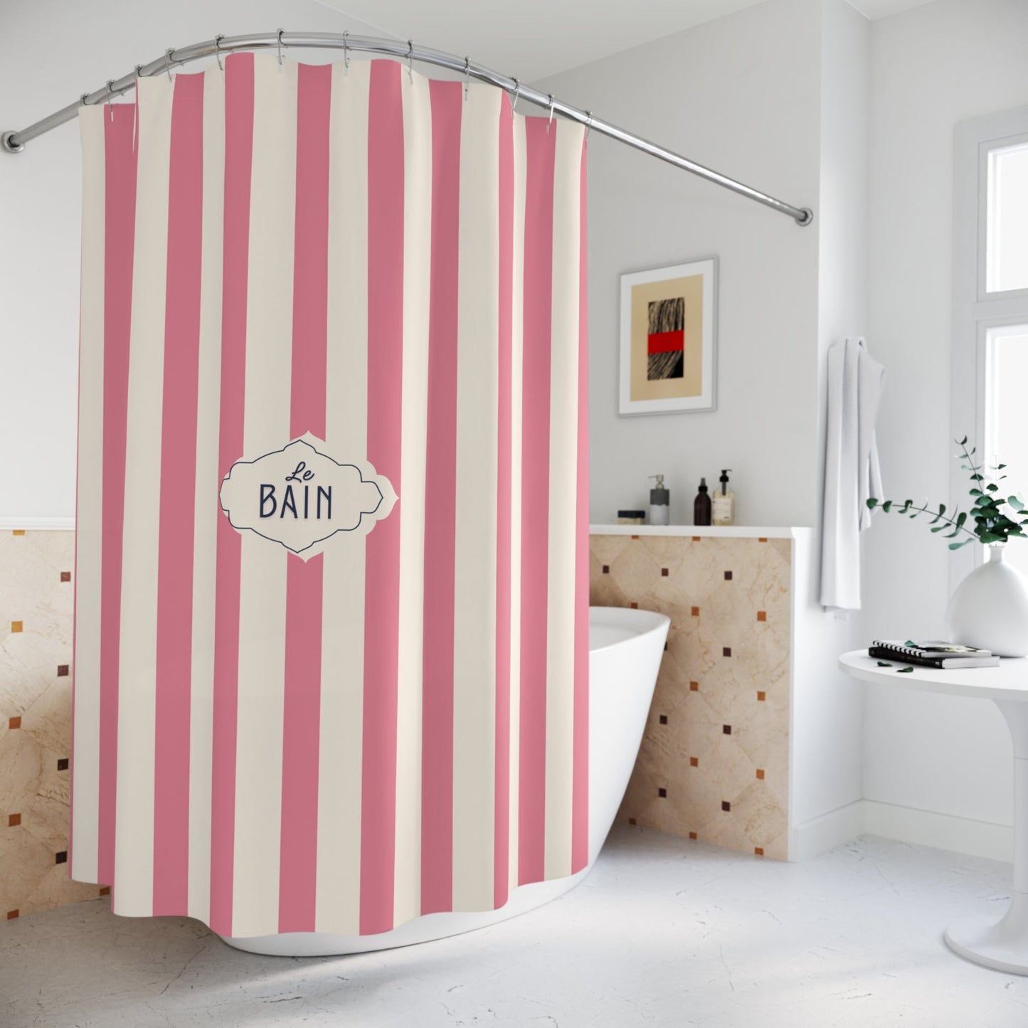 Shower Curtain — Pink Striped French 'Le Bain' Bathroom Decor