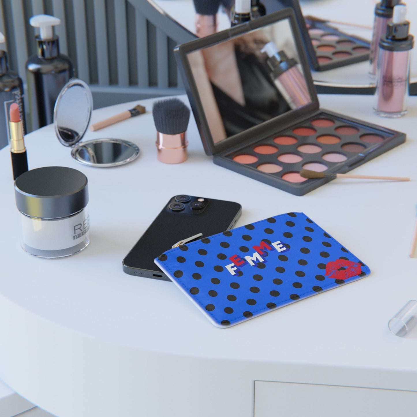 Femme Polka Dot Mini Clutch — Retro Blue Wallet, Vegan Leather