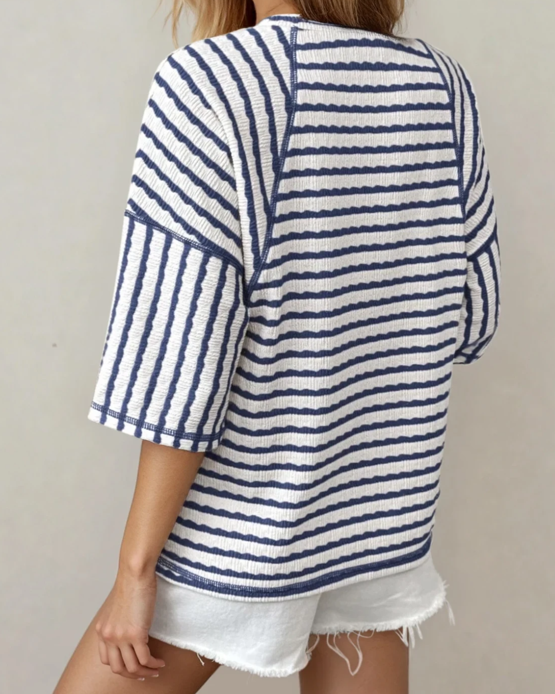 Noelle Textured Knit Split Hem Half Sleeve Loose Top - Blue