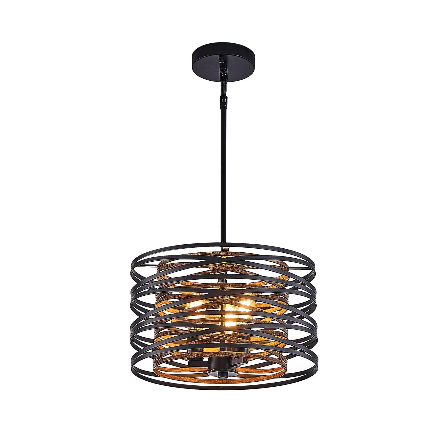 13" Rustic Industrial Pendant Light, 3-Light Black and Walnut Metal Cage Chandelier with Wood Accents