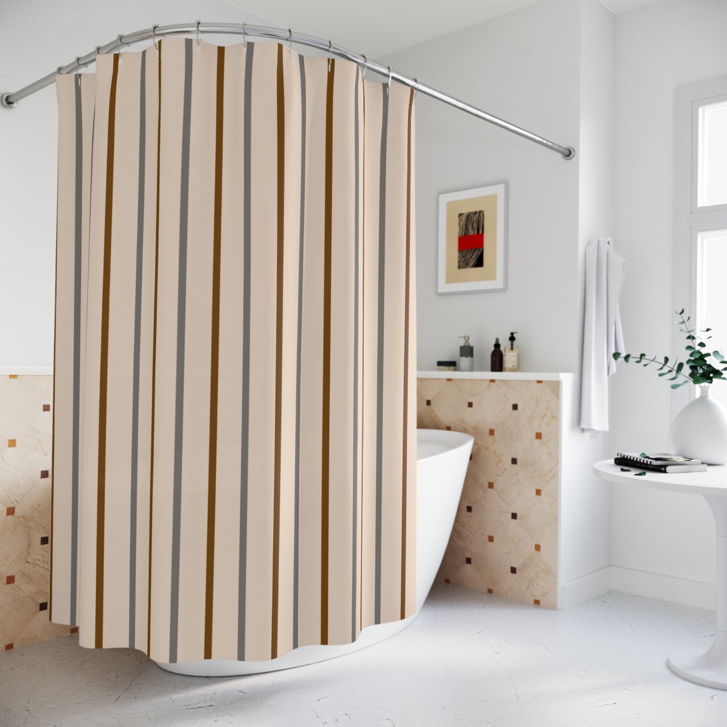 Neutral Vertical Stripe Shower Curtain — Beige & Taupe Modern Bathroom
