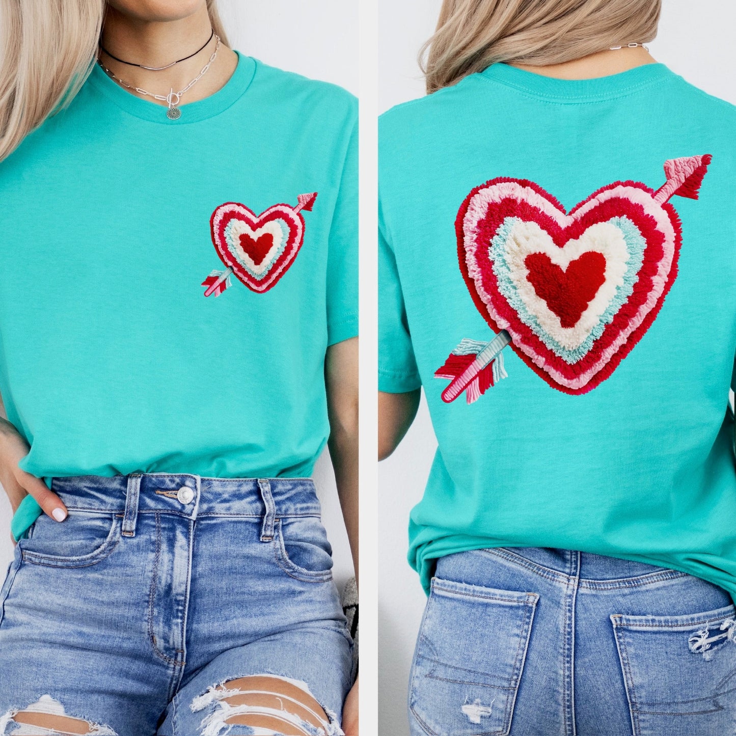 Fluffy faux yarn heart clear film screen print