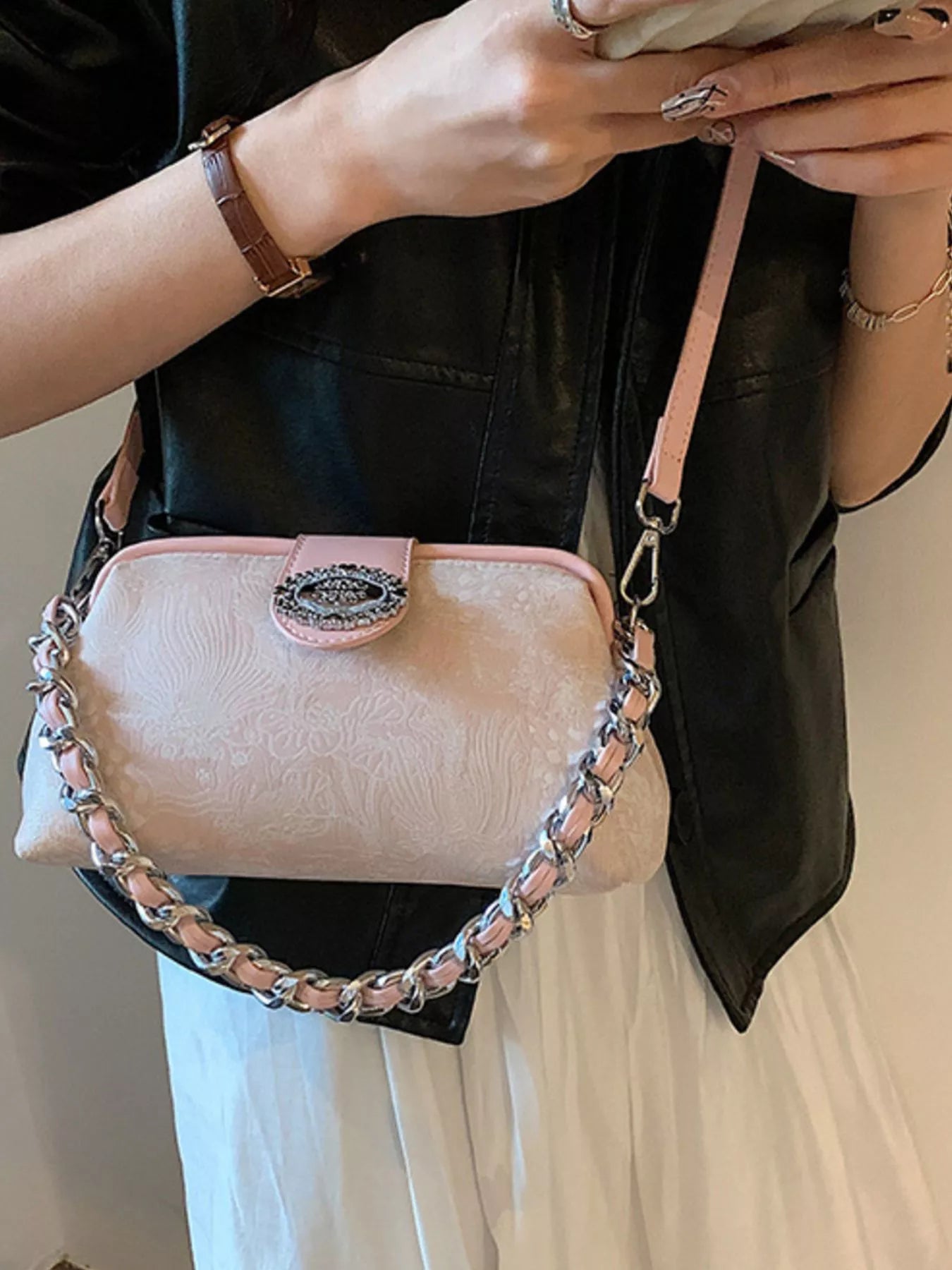 Embroidered Chain Crossbody Bag