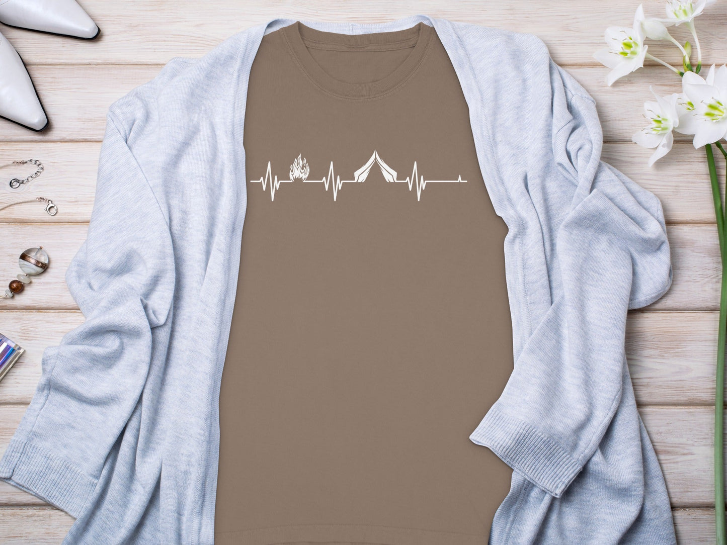 Camping Fire Tent Heartbeat Outdoor Adventure Long Sleeve T-Shirt