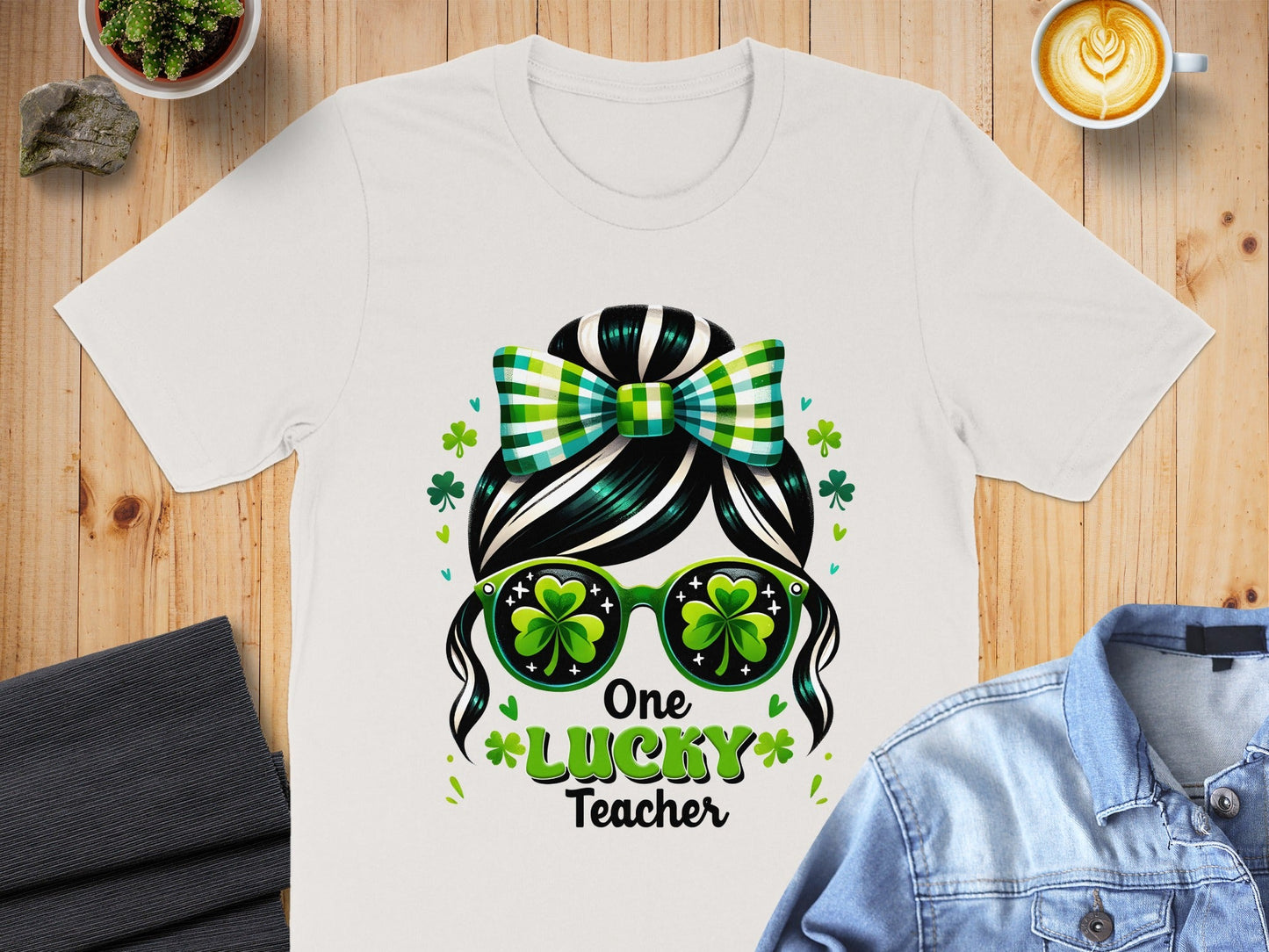 One Lucky Teacher Shamrock Sunglasses Graphic Design T-Shirt