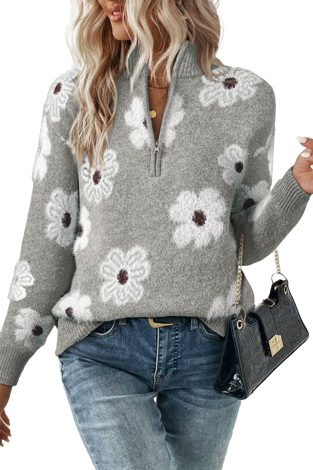Khaki Vintage 60s Floral Pattern Half Zip Collar Drop Shoulder Sweater