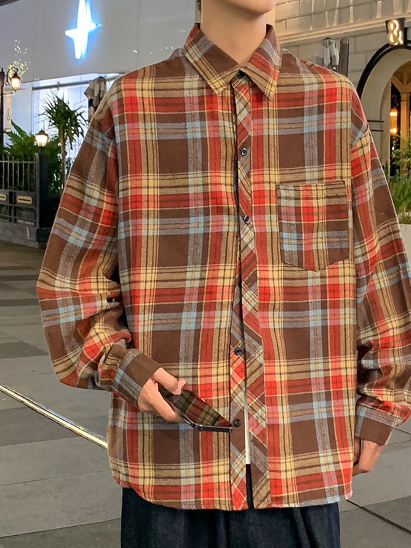 Men's Full Size Casual Plaid Long Sleeve Shirt Plus Size
