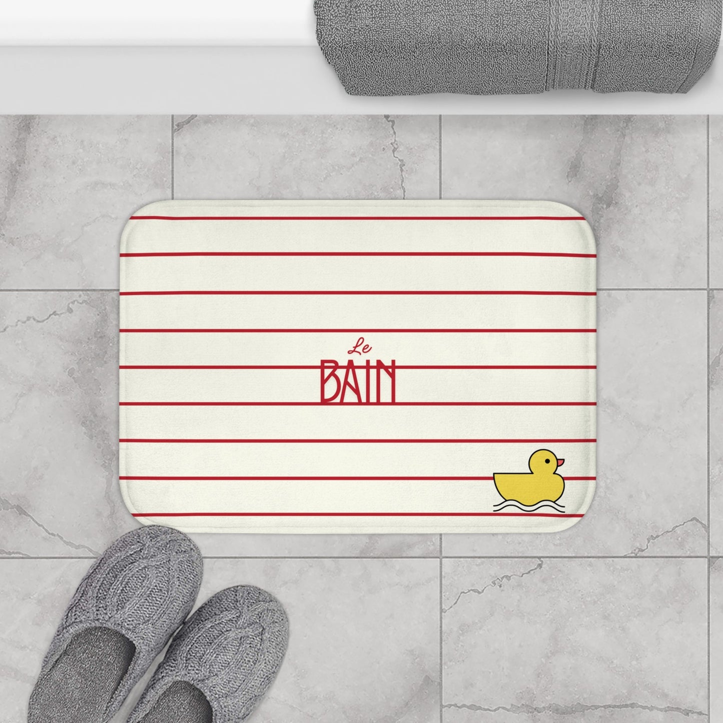 Rubber Duck Bath Mat – Cute 'Le Bain' Red Striped Bathroom Rug for Kids