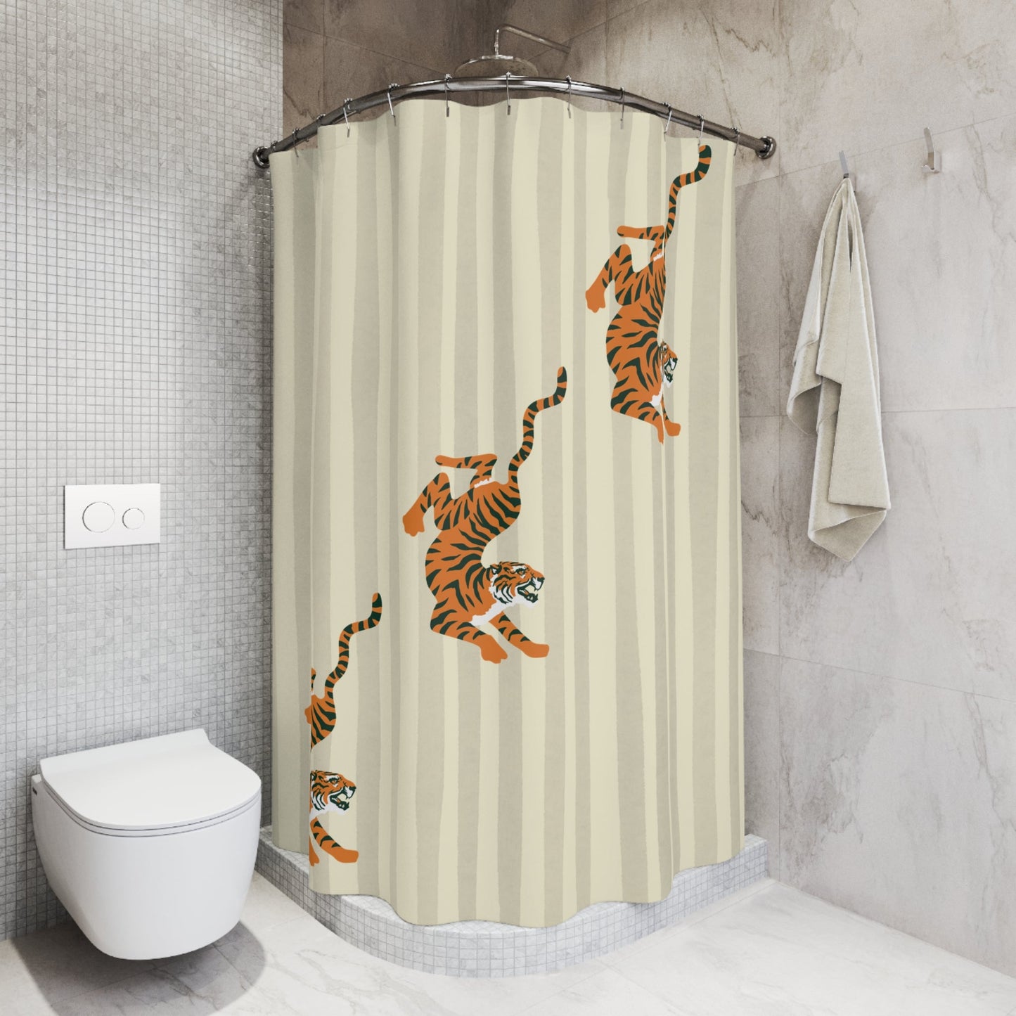 Beige Striped Tiger Shower Curtain — Fiercely Feminine Bathroom Decor