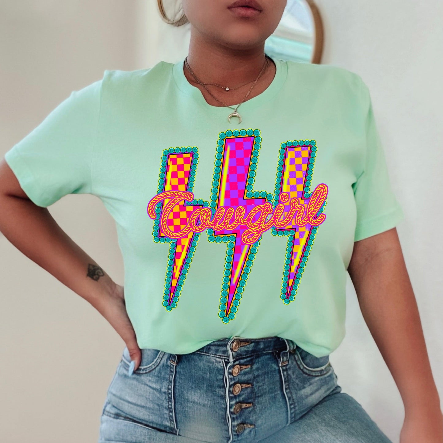 COWGIRL NEON BOLTS clear film screen print