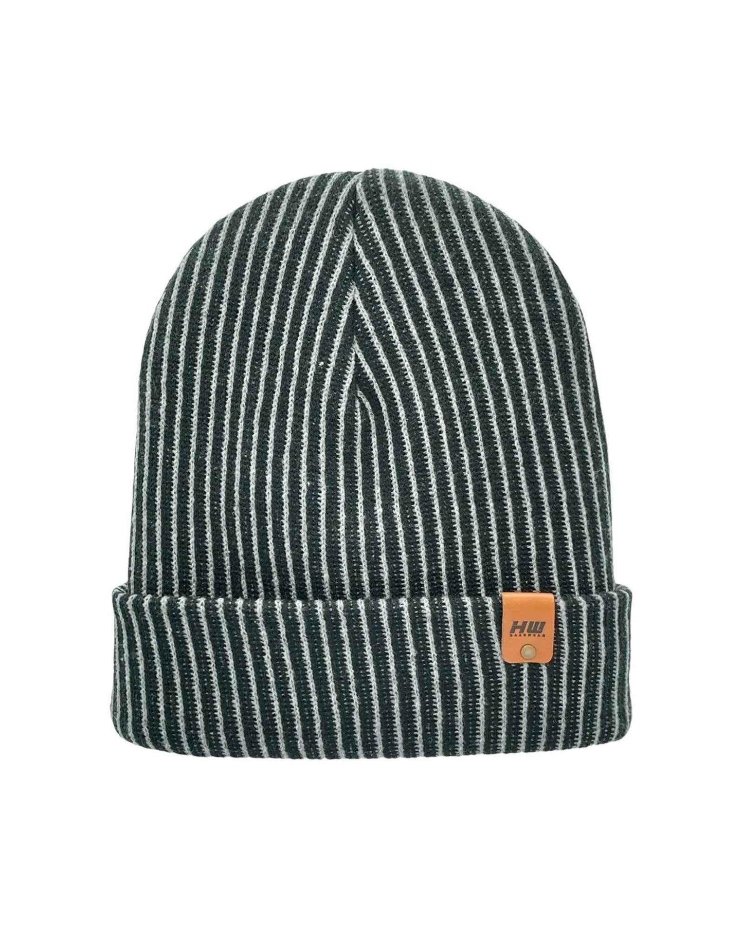 Cuffed Wide Ribbed Striped Beanie, Contrast, Black and Gray, Traditional Beanie