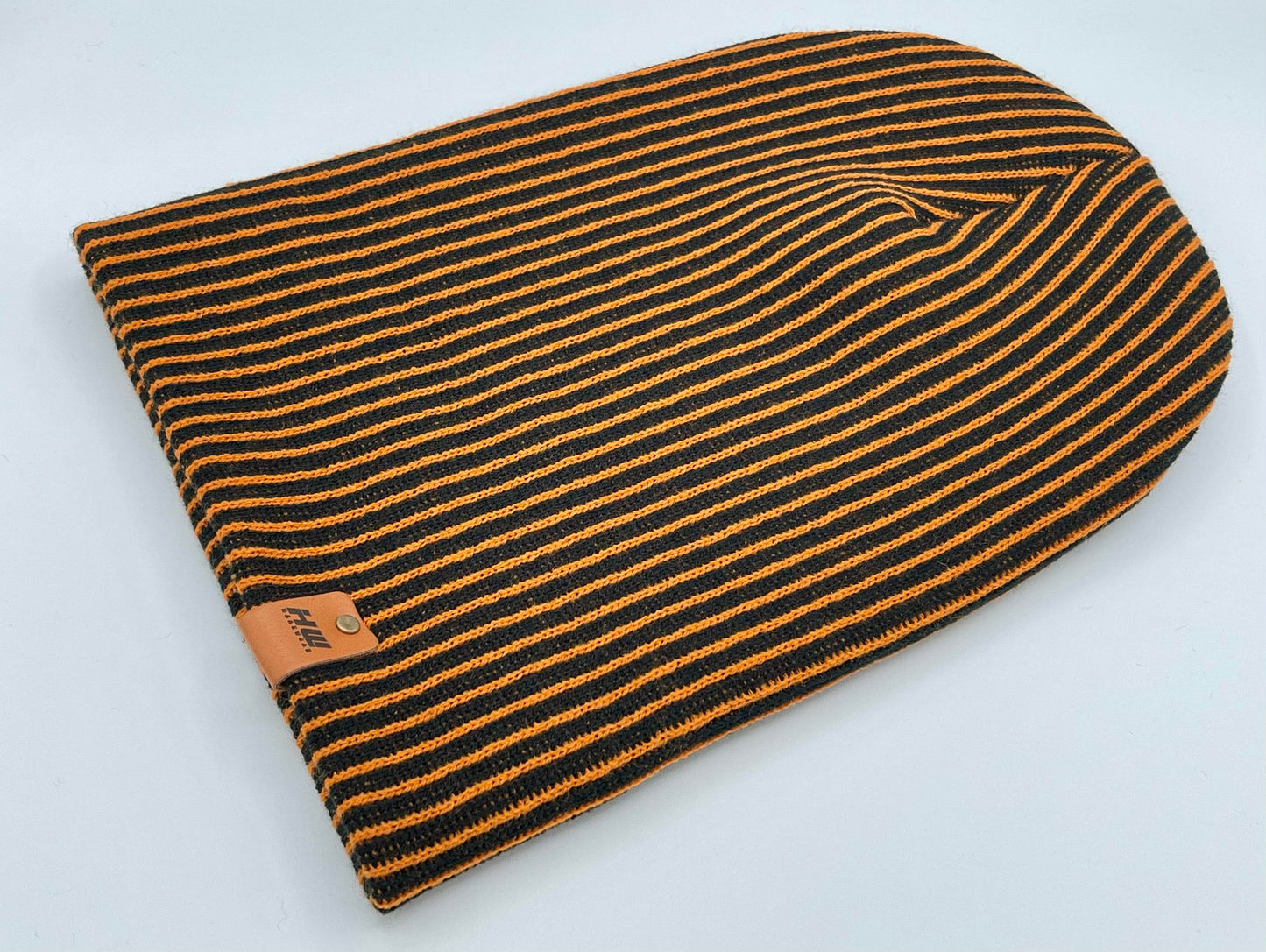 Cuffed Wide Ribbed Striped Beanie, Contrast, Black and Orange, Traditional Beanie