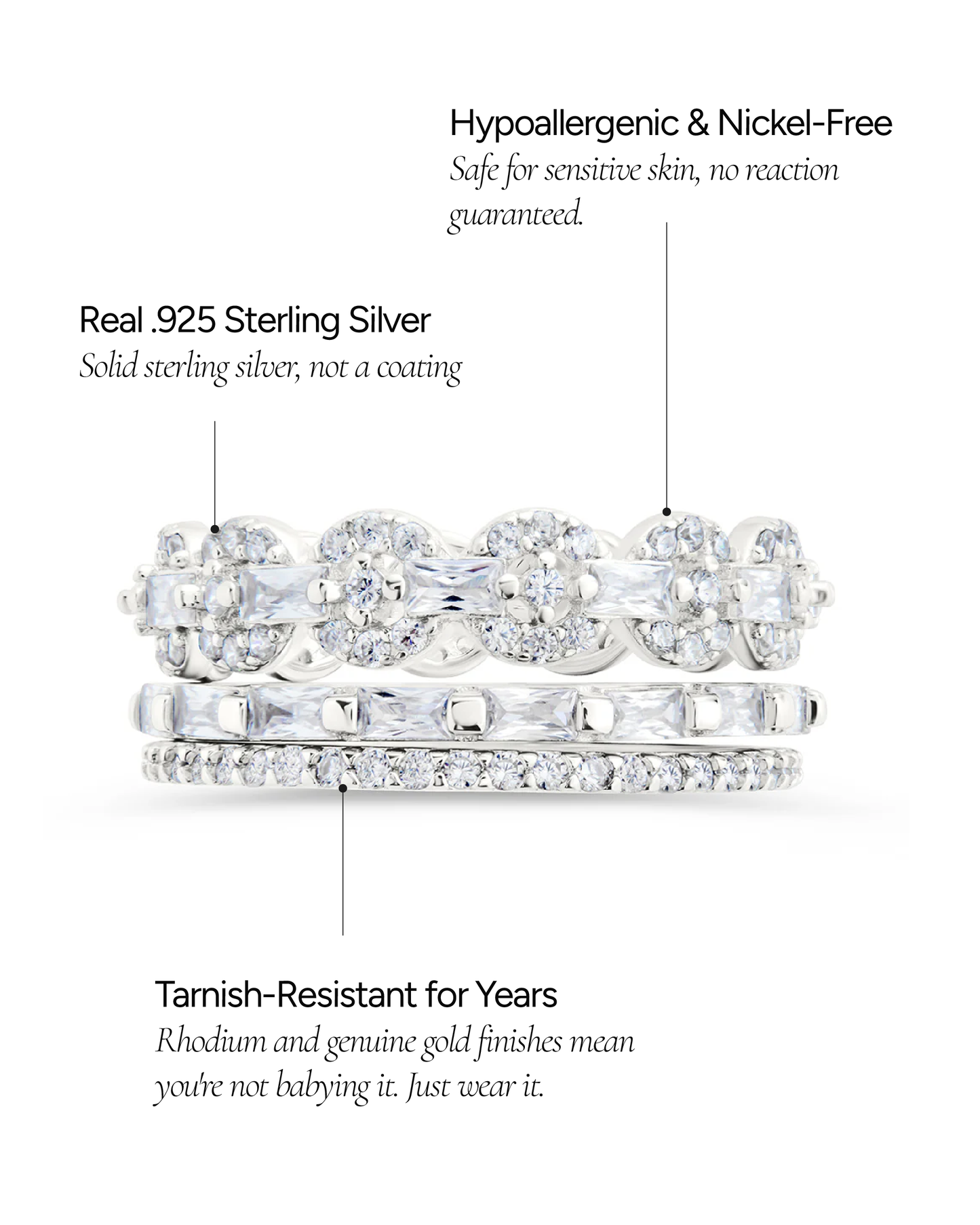 Sterling Silver Melody CZ Bezel Ring Set of 3
