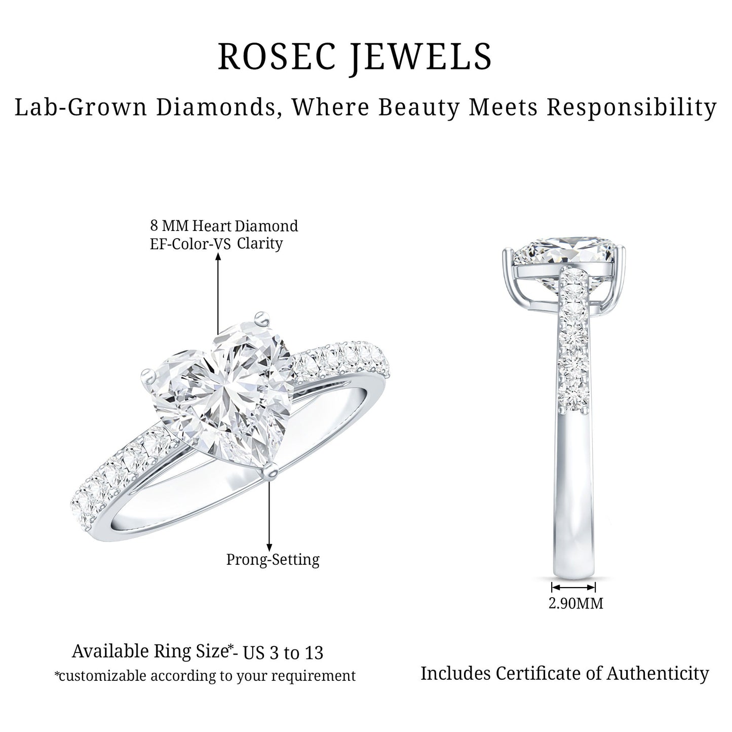 3 Prong Lab Grown Diamond Heart Engagement Ring For Women