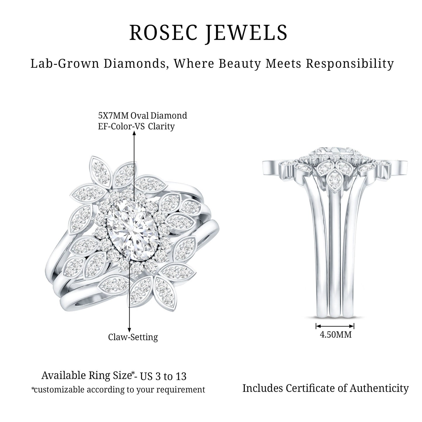 Lab Grown Diamond Vintage Engagement Ring with 2 Wedding Bands