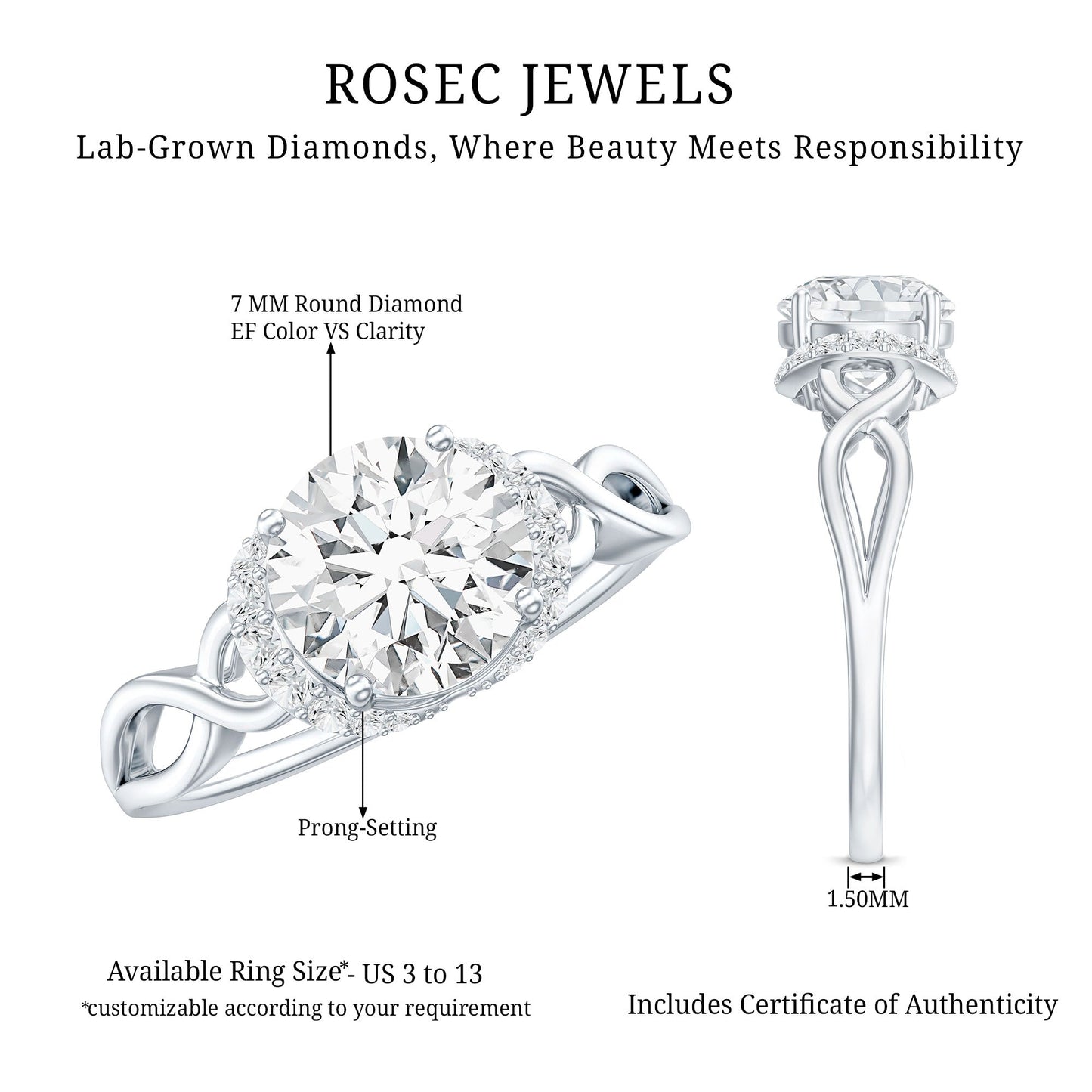 7 MM Round Lab Created Diamond Solitaire Infinity Ring for Her