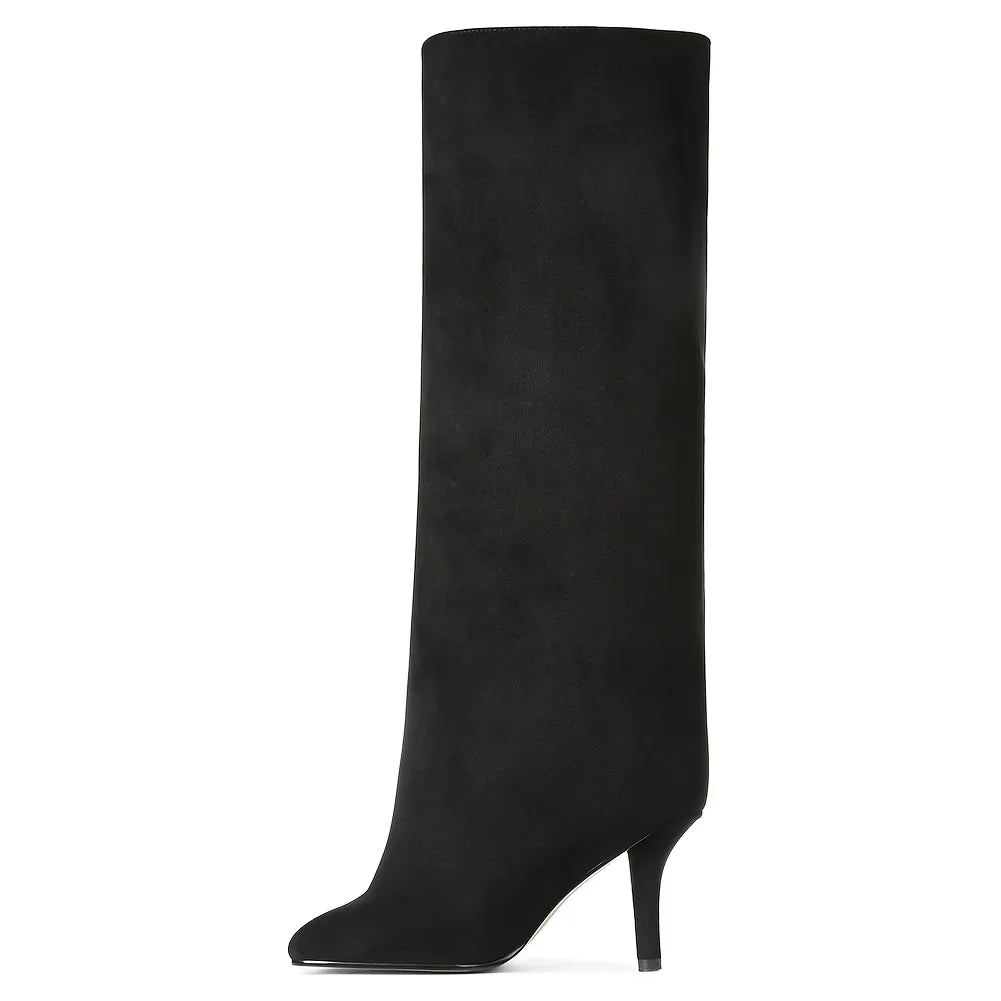 Women's Suede Knee High Boots Fashion Square Toe Stiletto Thin High Heels Pull On