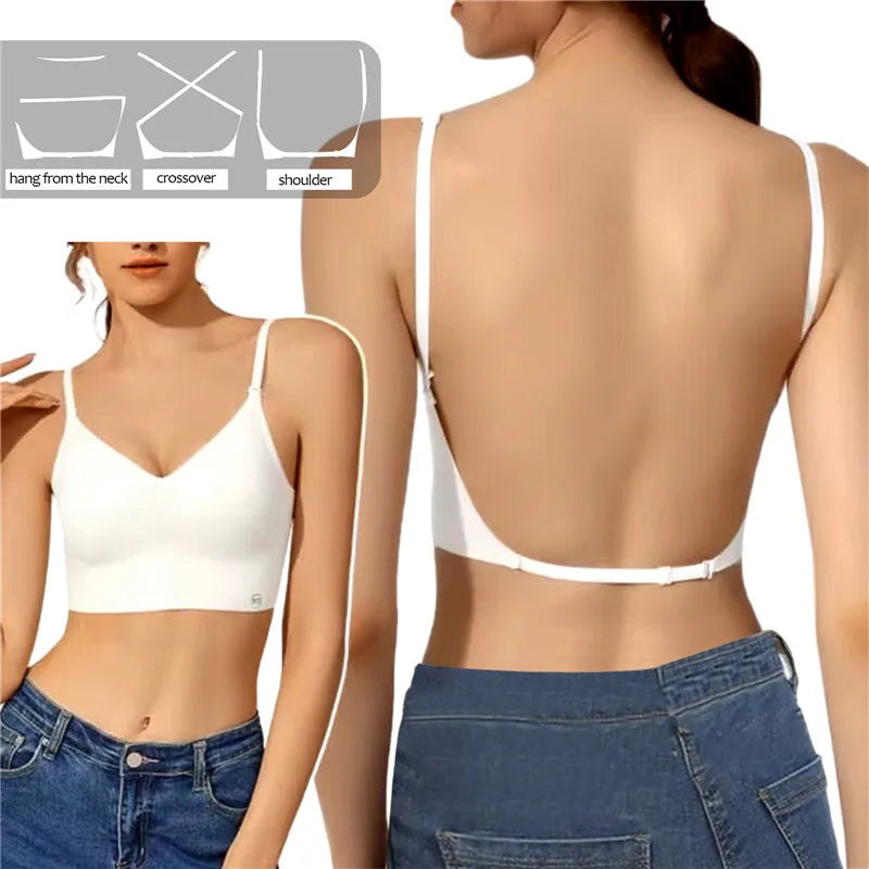 Women Invisible Seamless Push Up Bra Backless Low Cut Plunge Brassiere