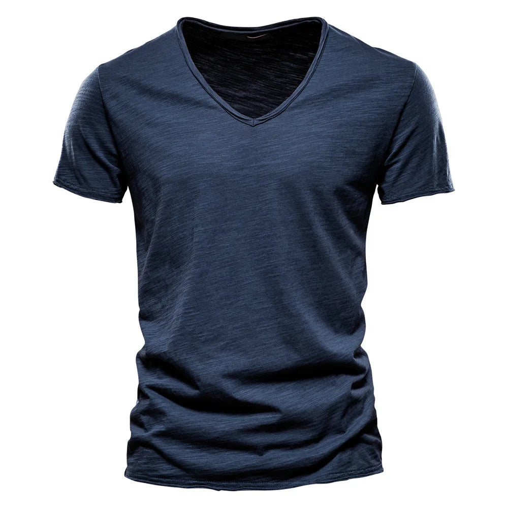 S-5XL 100% Cotton Men's T-Shirts Fashion Design V-neck Casual Slim Fit