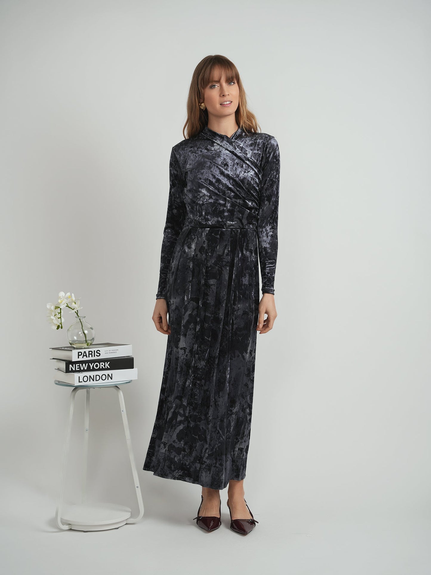 Floral Velour Mock Wrap Maxi Robe