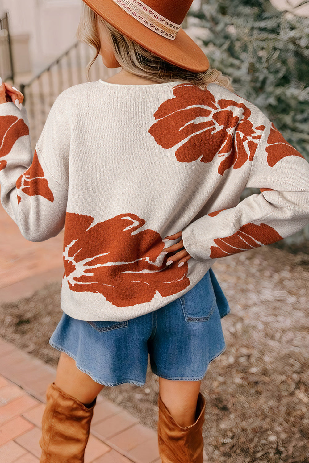 Green Bold Flower Pattern Wide Sleeve Baggy Sweater