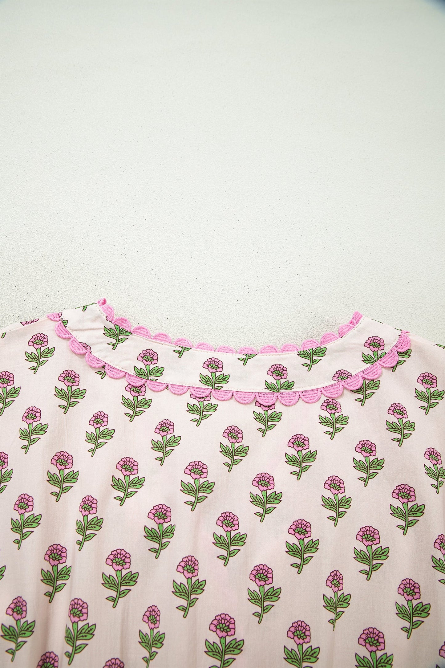 Pink Floral Print V Neck Scallop Trim Button Front Short Sleeve Long Dress