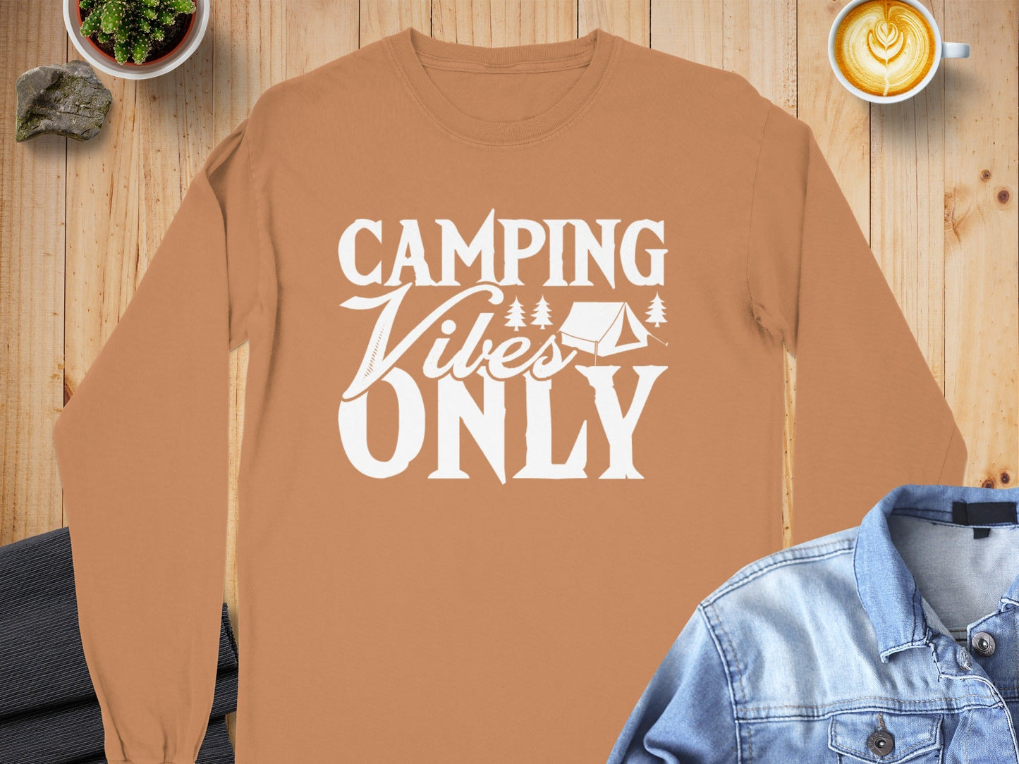 Camping Vibes Only With Tent Graphic Summer Fun Long Sleeve T-Shirt