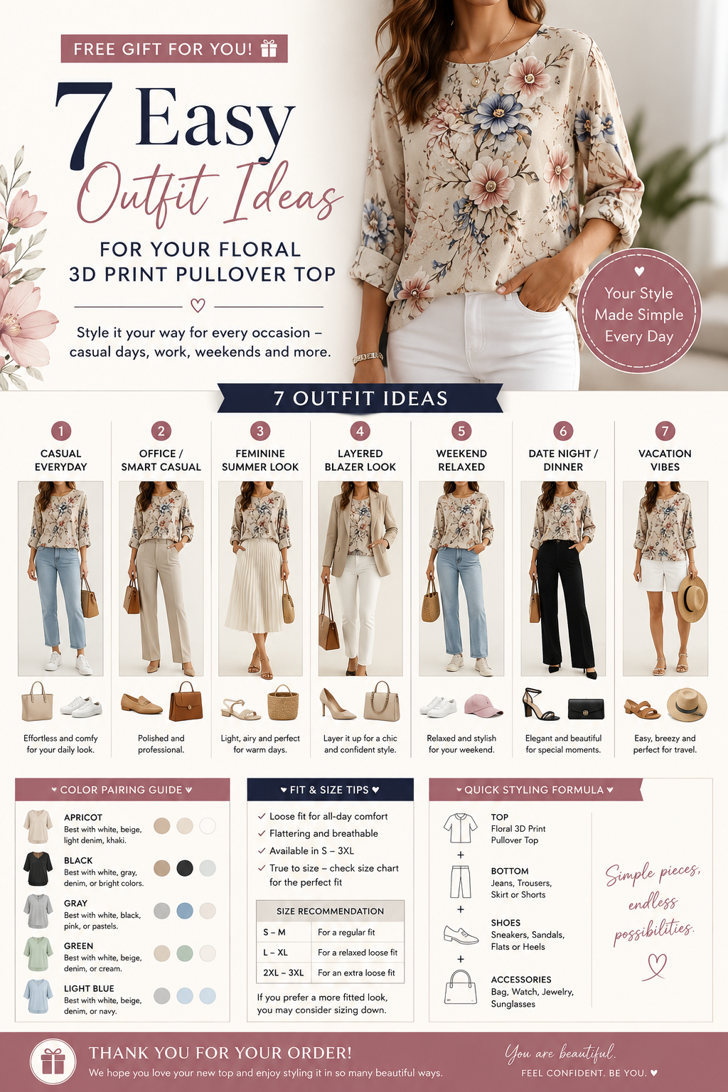 Women's Floral 3D Print Pullover Top – Loose Fit Elegant Casual S to 3XL