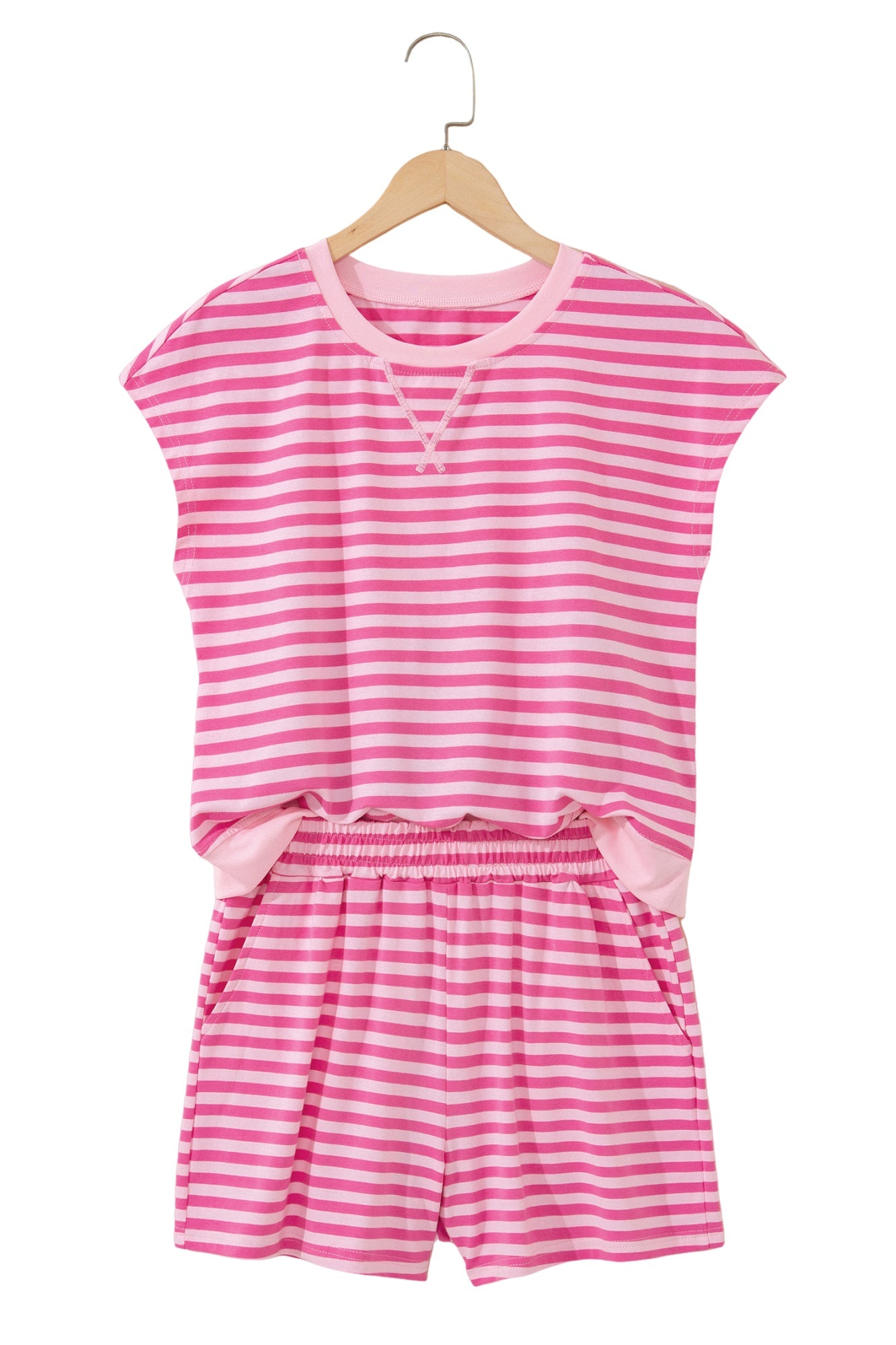Pink Stripe Cap Sleeve Tee Elastic Waist Shorts 2pcs Outfit