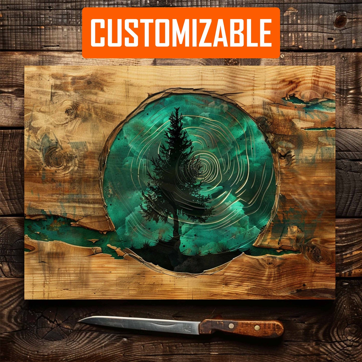 Evergreen Glass Cutting Board – Tempered Glass Kitchen Board with Epoxy Wood Look