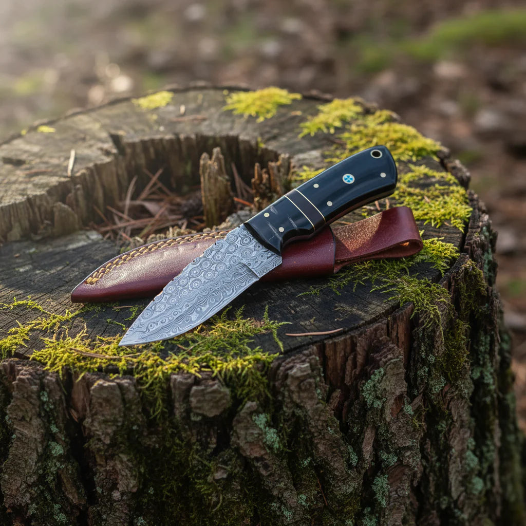 Damascus Hunting Knife Bull Horn Handle Compact