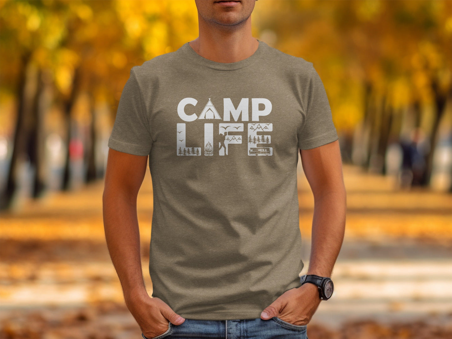 Camp Life Illustration with Tent and Fire Design T-Shirt