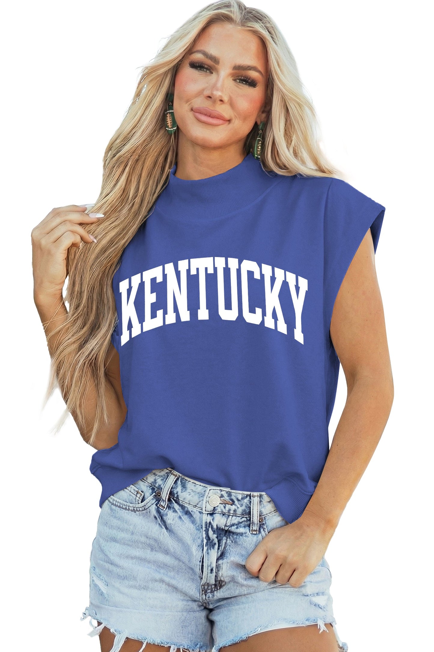 Sky Blue KENTUCKY Leopard KY Double Side Printed Mock Neck Tee