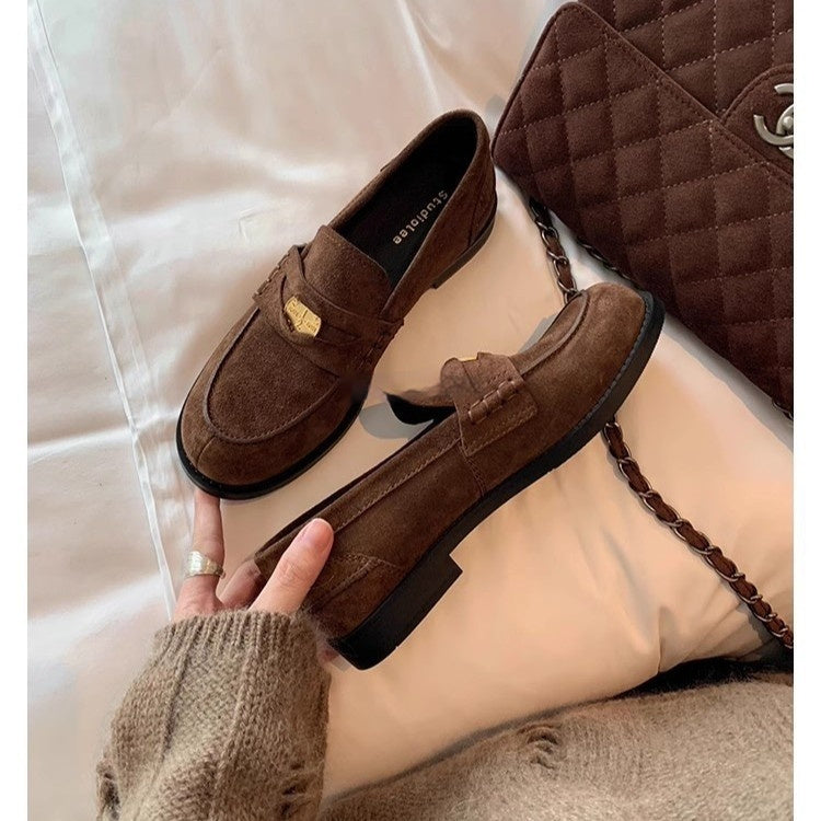 Women's Gold Coin Loafers – British-Style Round Toe Leather Slip-On Flats