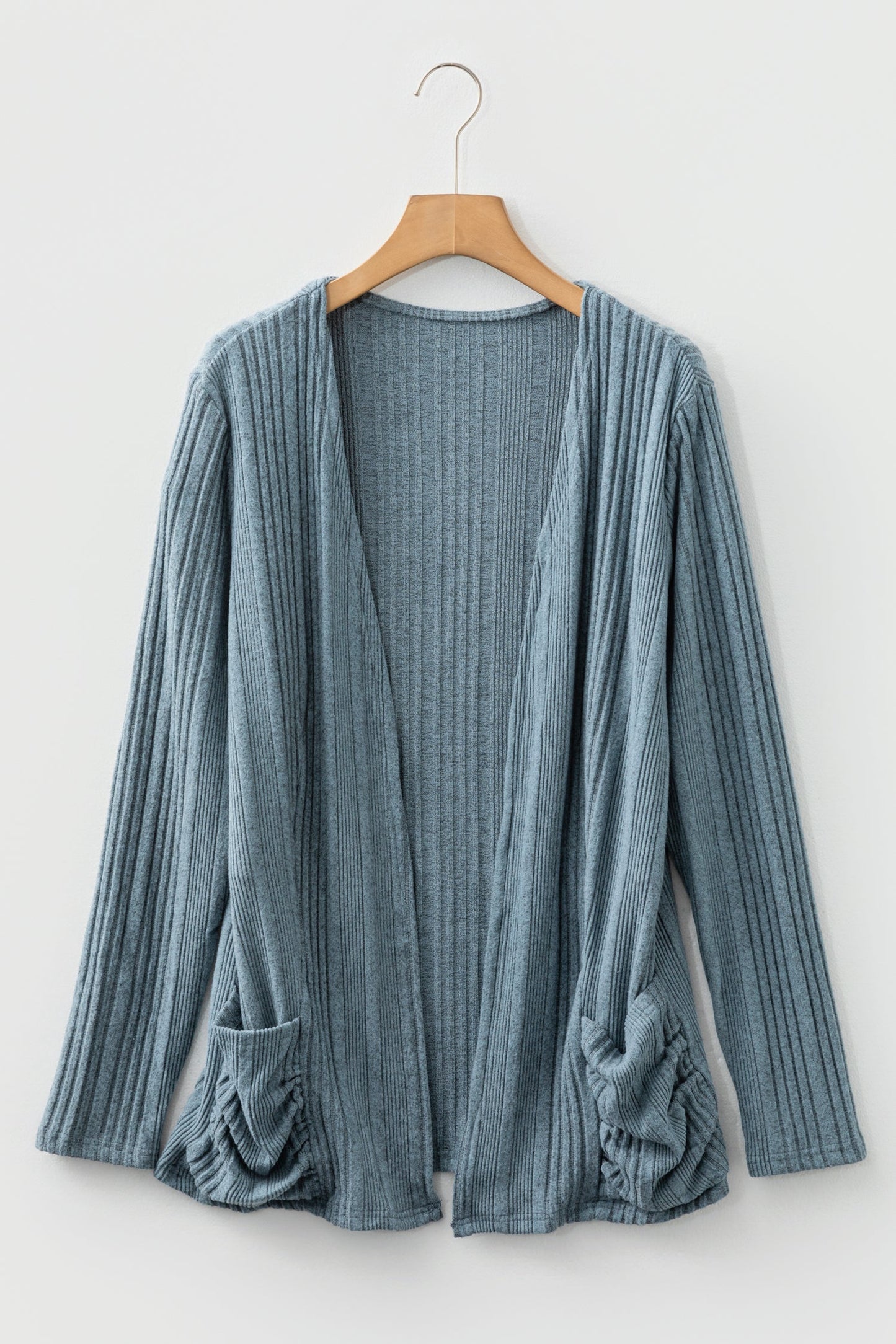 Stone Blue Ribbed Open Front Knitted Top with Pockets