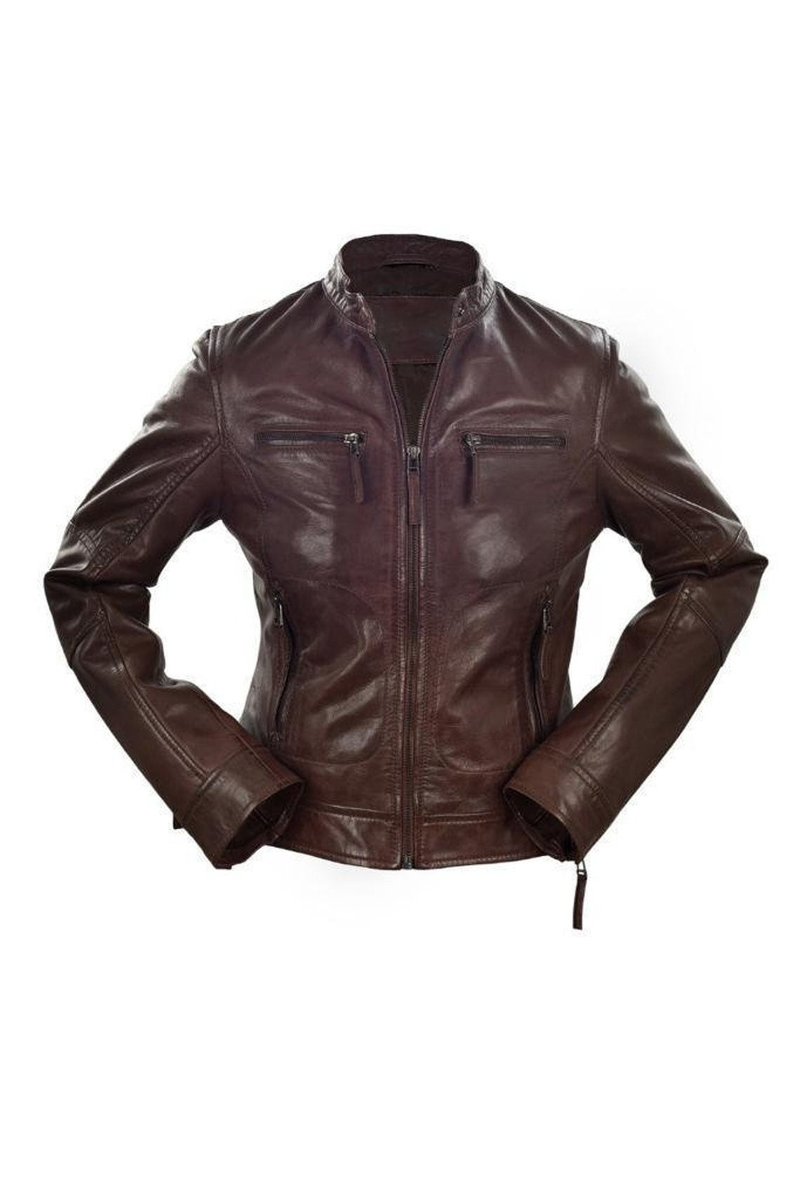 Handmade Stylish Look Dark Brown Biker Leather Jacket for Women - Motorcycle Leather Jacket for Women