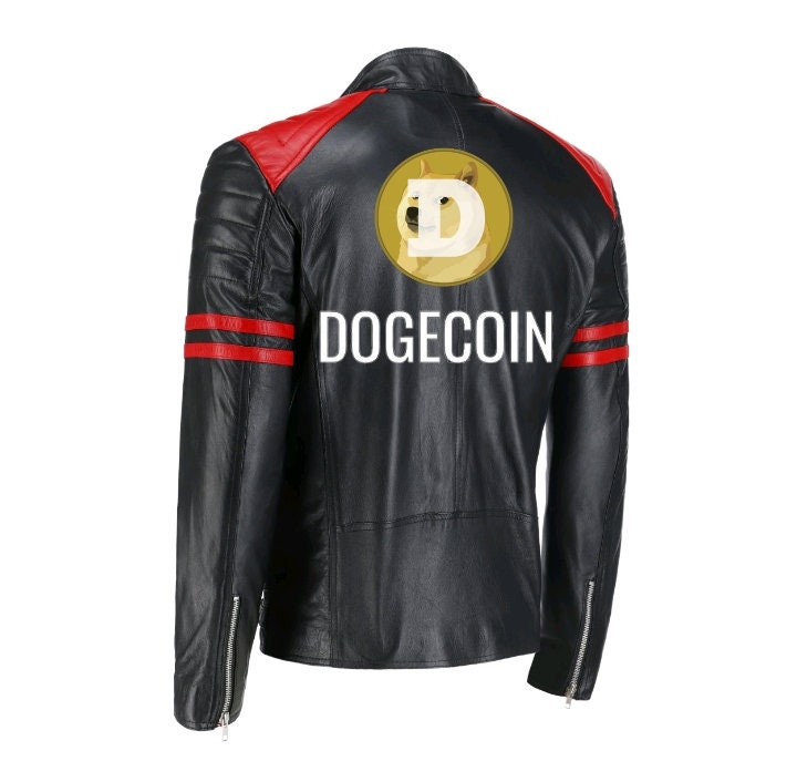 Handmade Dogecoin Bomber Leather Jacket Red Stripes