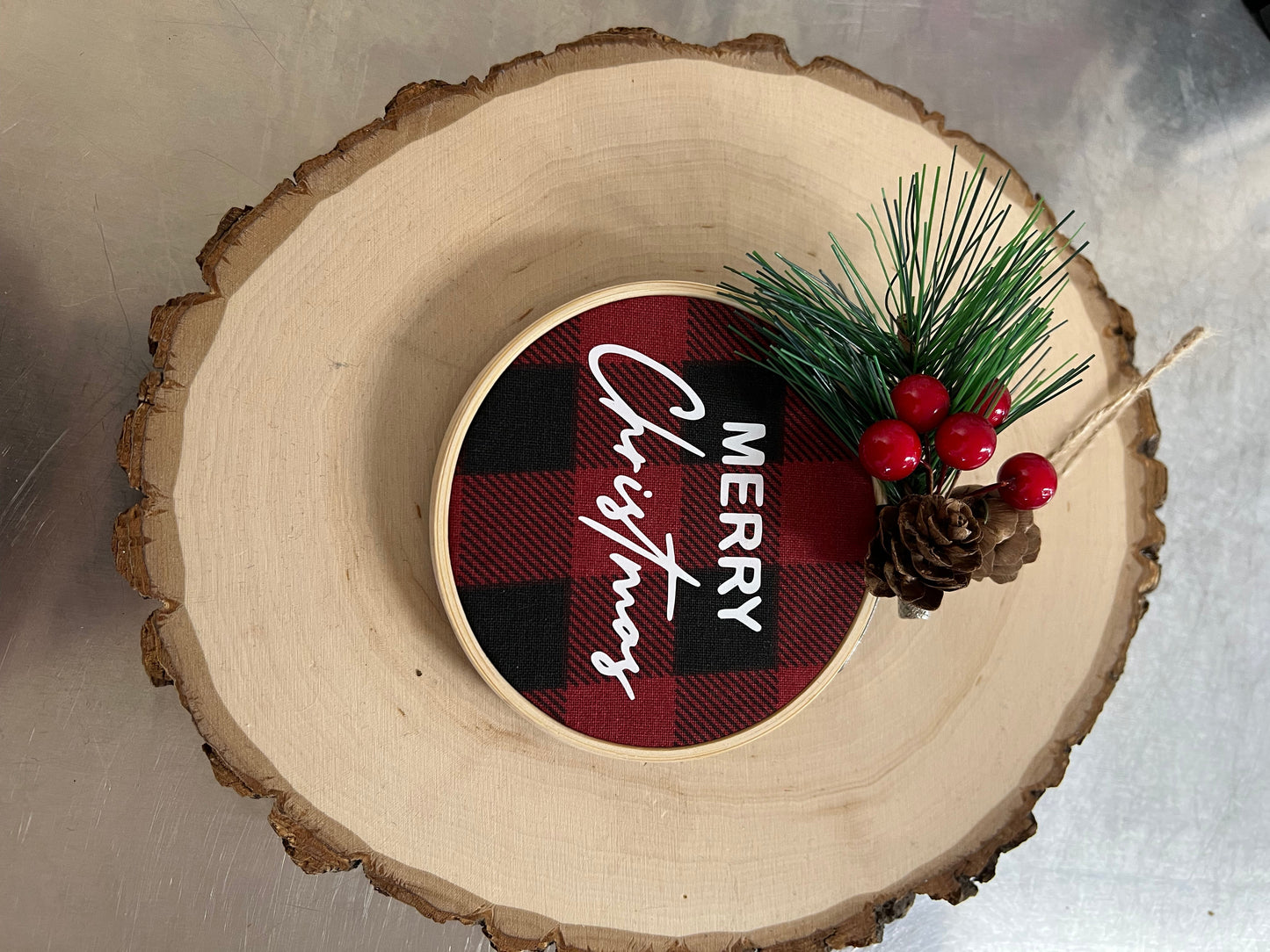 Hoop Ornament: Merry Christmas on Red Plaid with Greenery