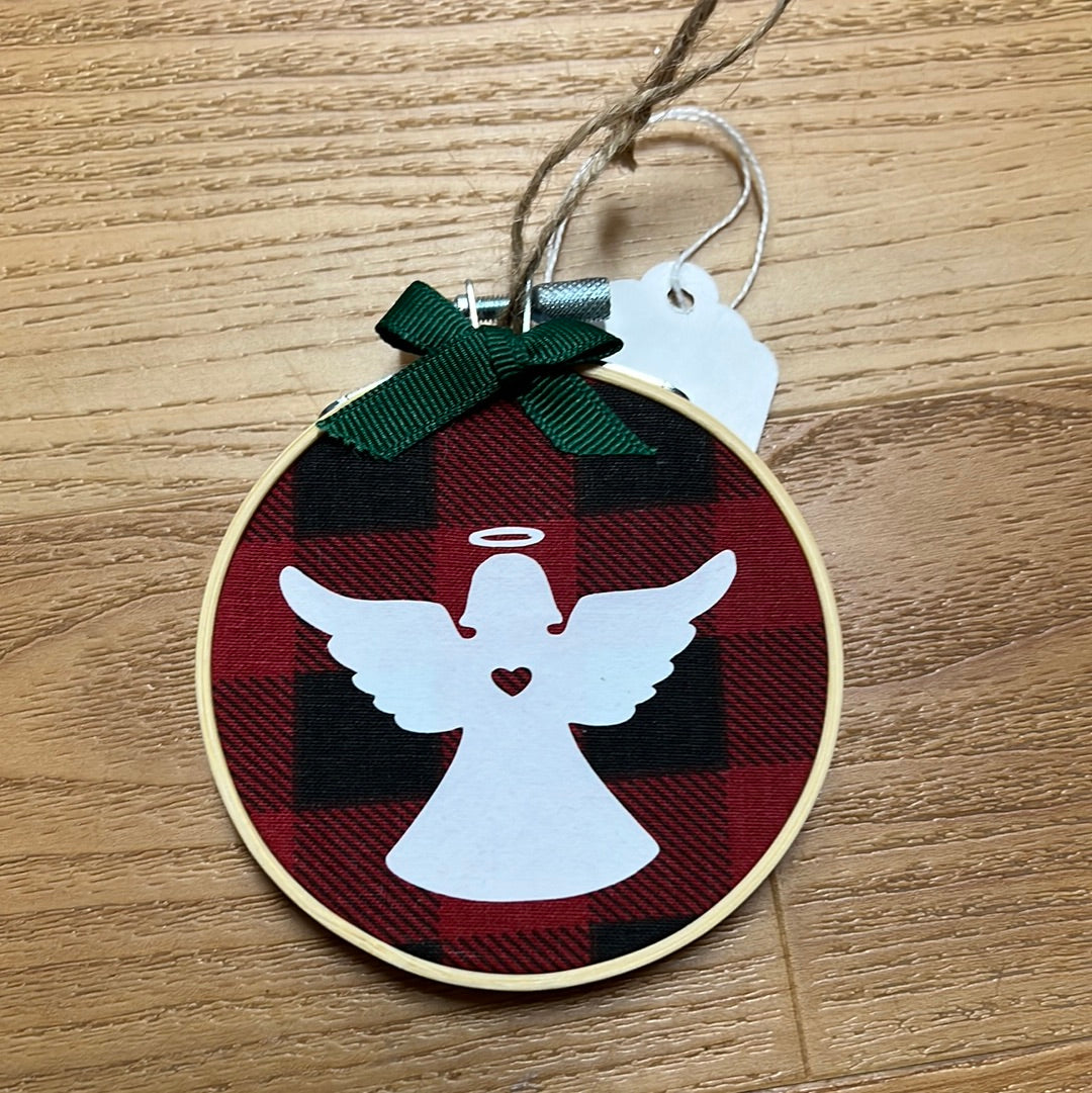 Hoop Ornament: Angel on Red Plaid