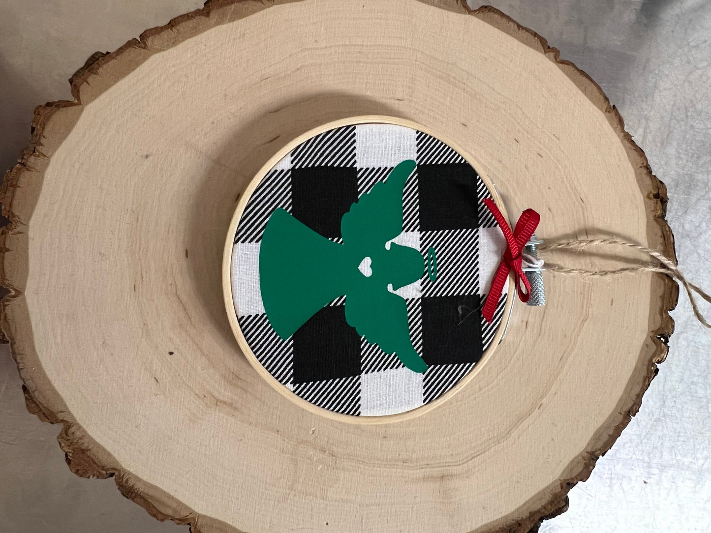 Hoop Ornament: Angel on White Plaid