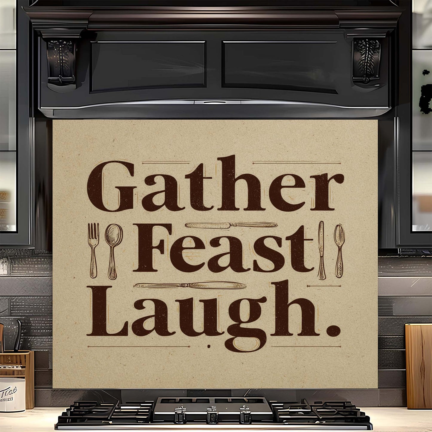 Gather Feast Laugh – Tempered Glass Backsplash for Kitchen – Dining Quote Splashback