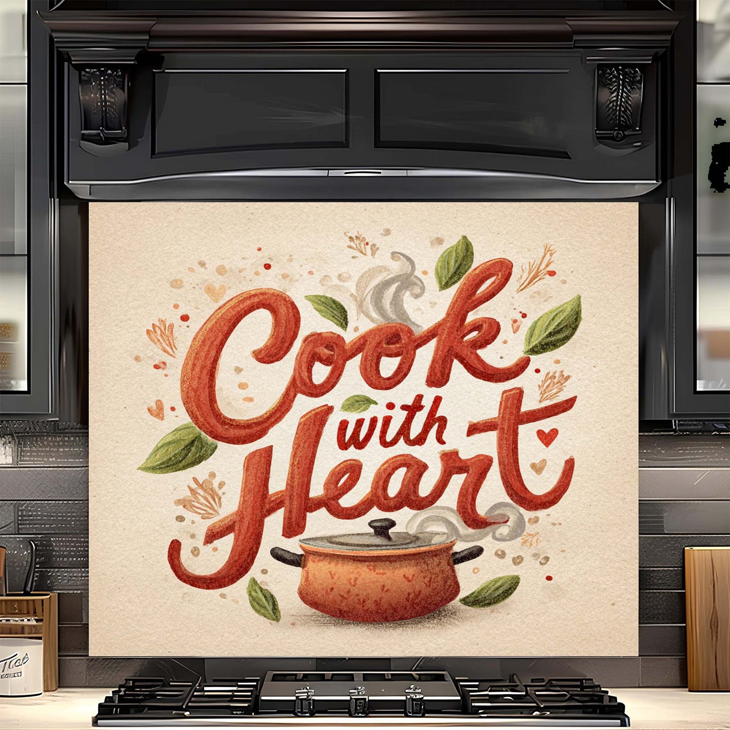 Cook with Heart – Tempered Glass Backsplash for Kitchen – Rustic Pot Kitchen Splashback