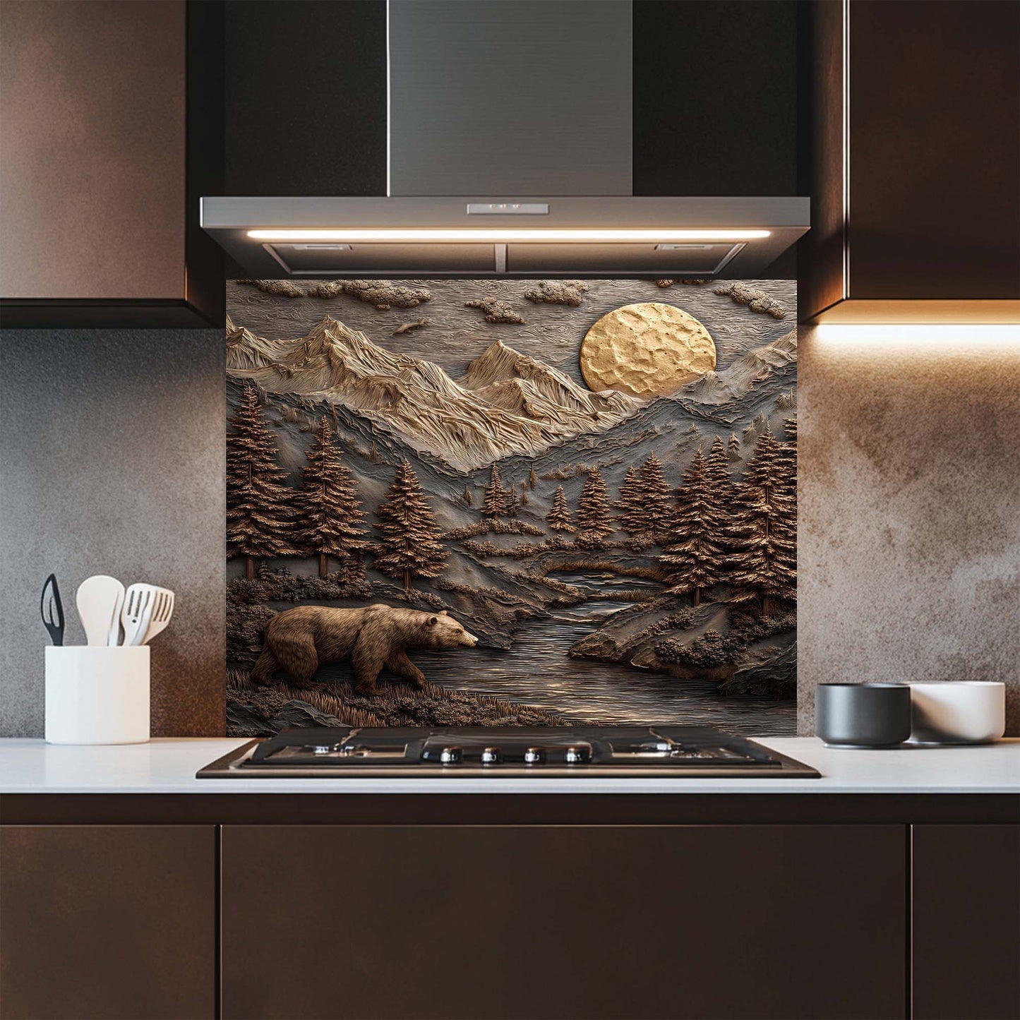 Bronze Mountain Bear – Tempered Glass Backsplash for Kitchen – Copper Look Backsplash