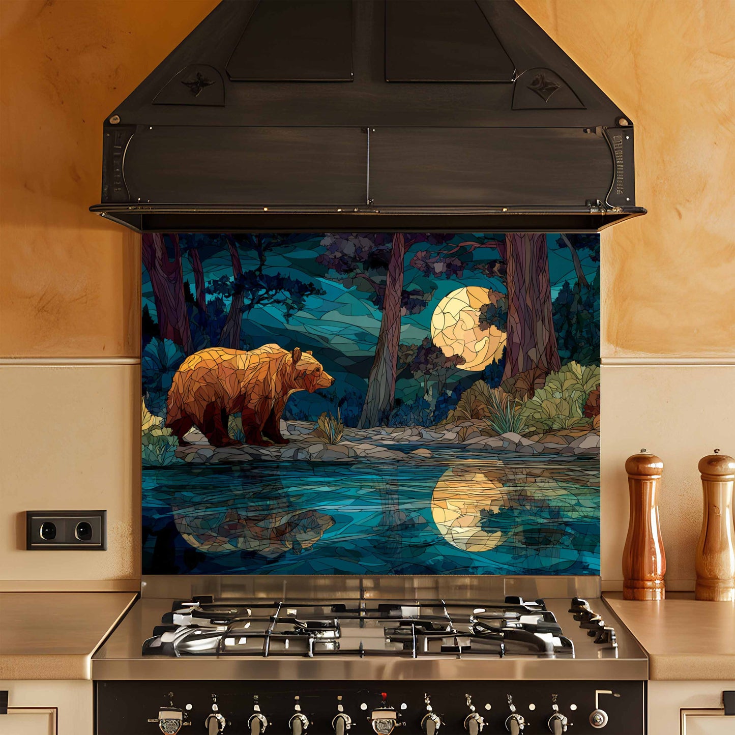 Moonlit Bear – Tempered Glass Backsplash For Forest Cabin Kitchen Style