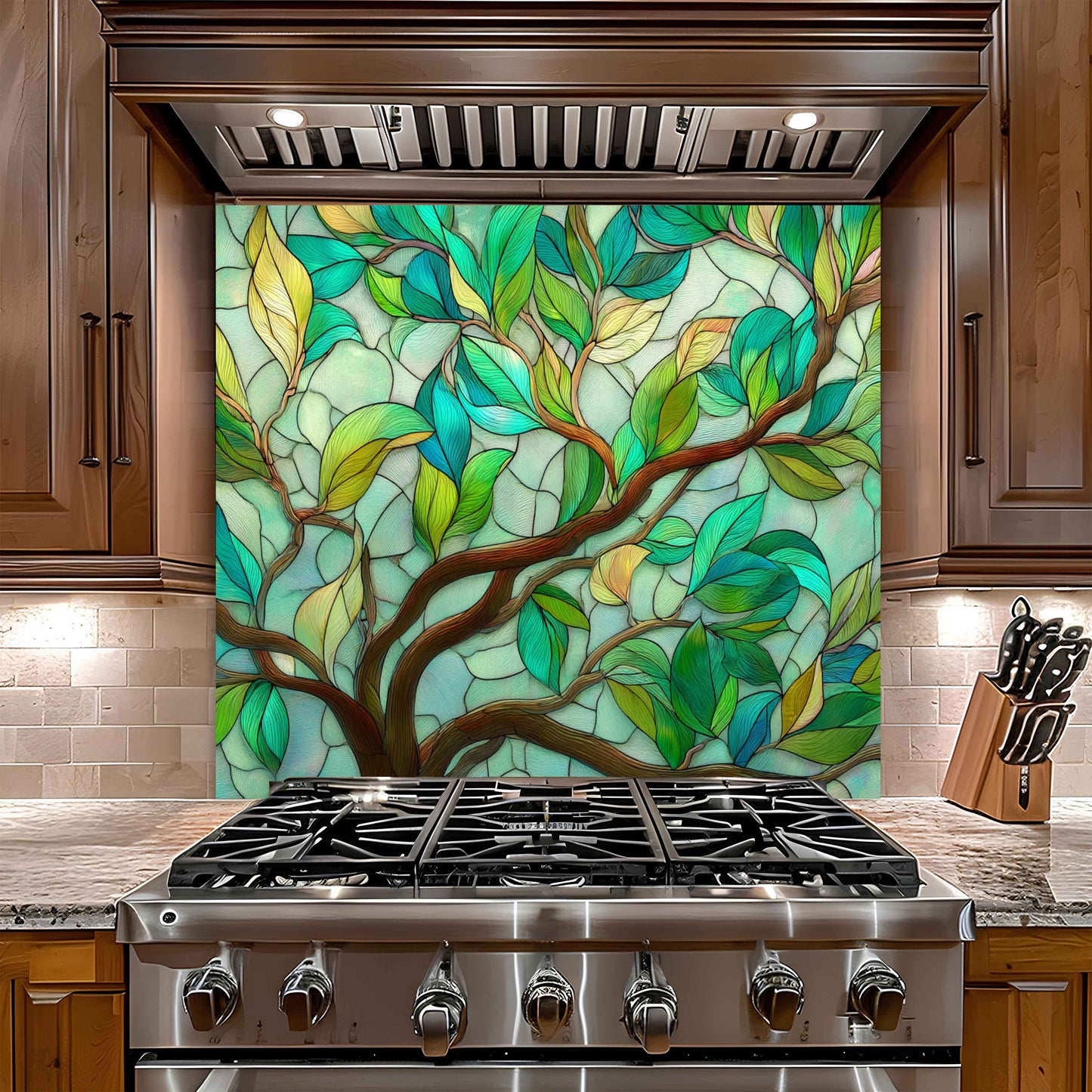 Tranquil Branches – Tempered Glass Backsplash with Tree Branch and Leaf Design
