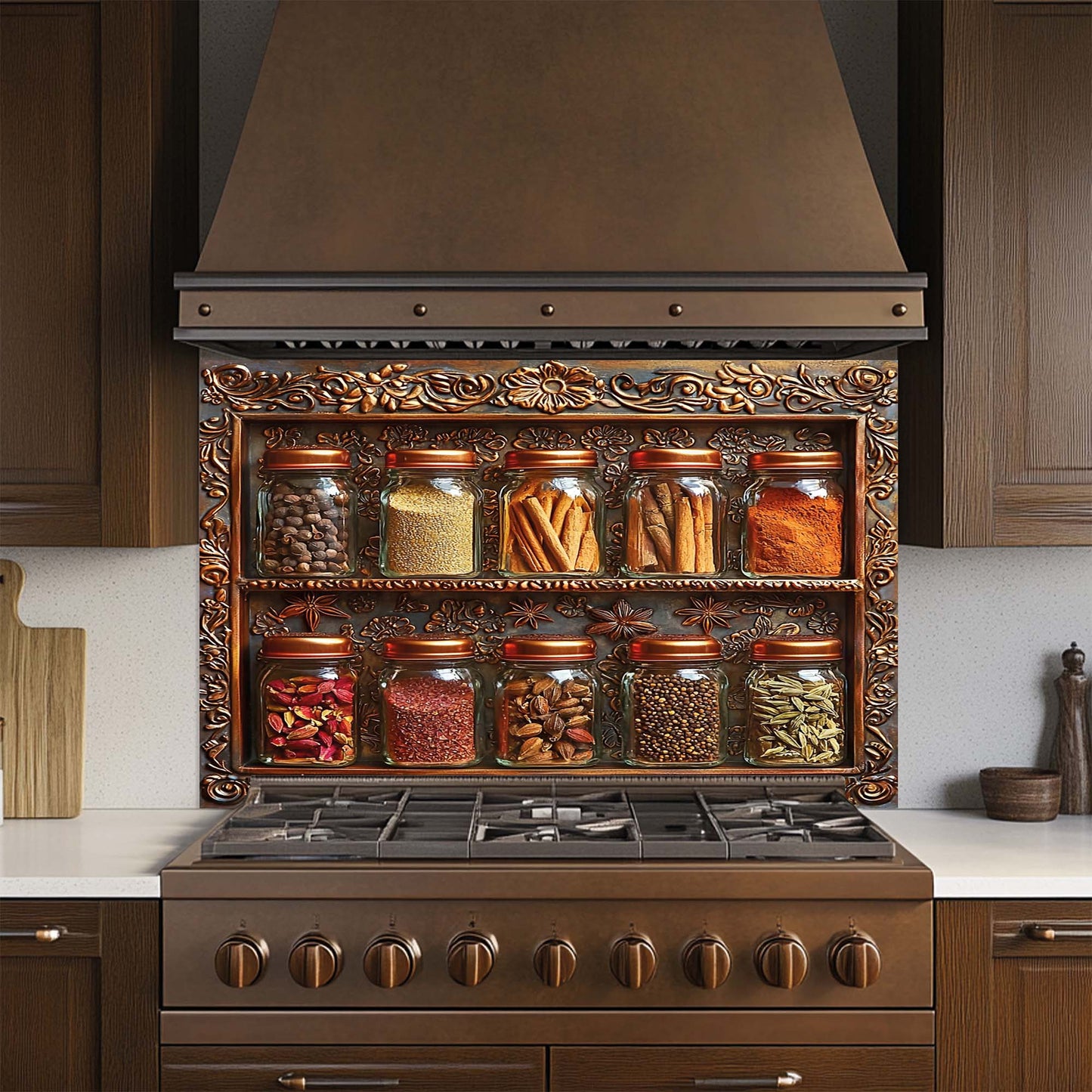 Spice Frame – Tempered Glass Backsplash for Kitchen | Copper Look Spice Jar Backsplash