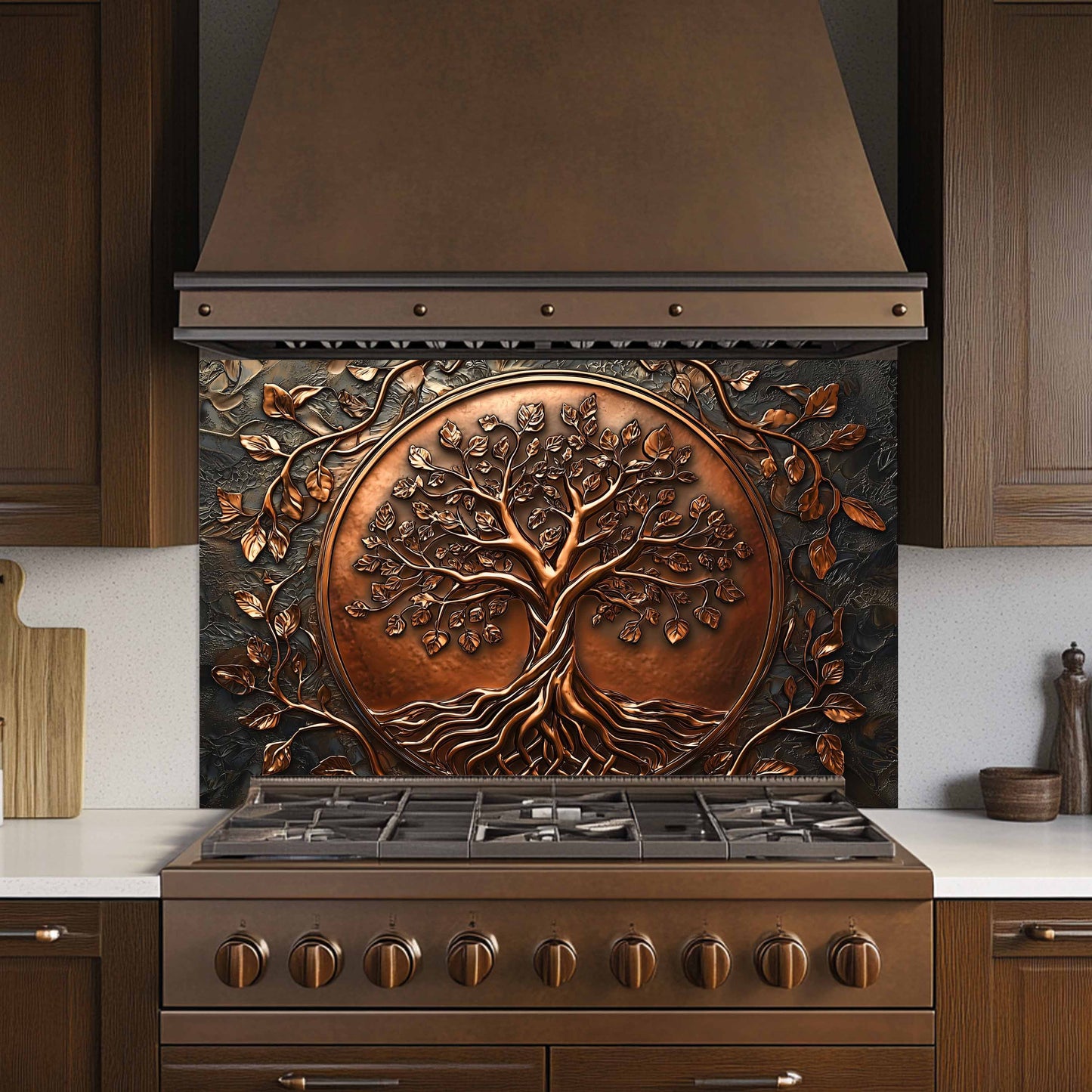 Custom Kitchen Backsplash – Copper Look Tree Tempered Glass Stove Backsplash